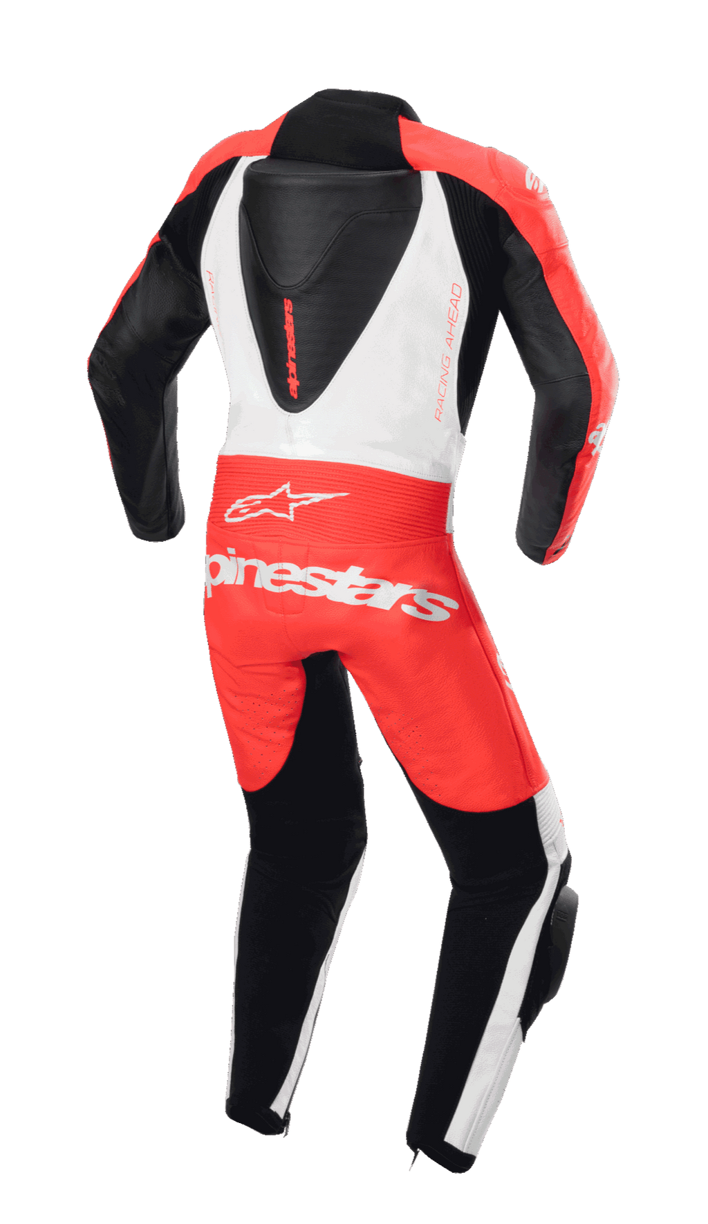 Alpinestars Youth GP Plus V2 1-Piece Leather Suit, widok z tyłu, fluorescencyjny czerwony, biały i czarny, aerodynamiczny garb i logo Alpinestars, profesjonalny design wyścigowy dla młodych motocyklistów