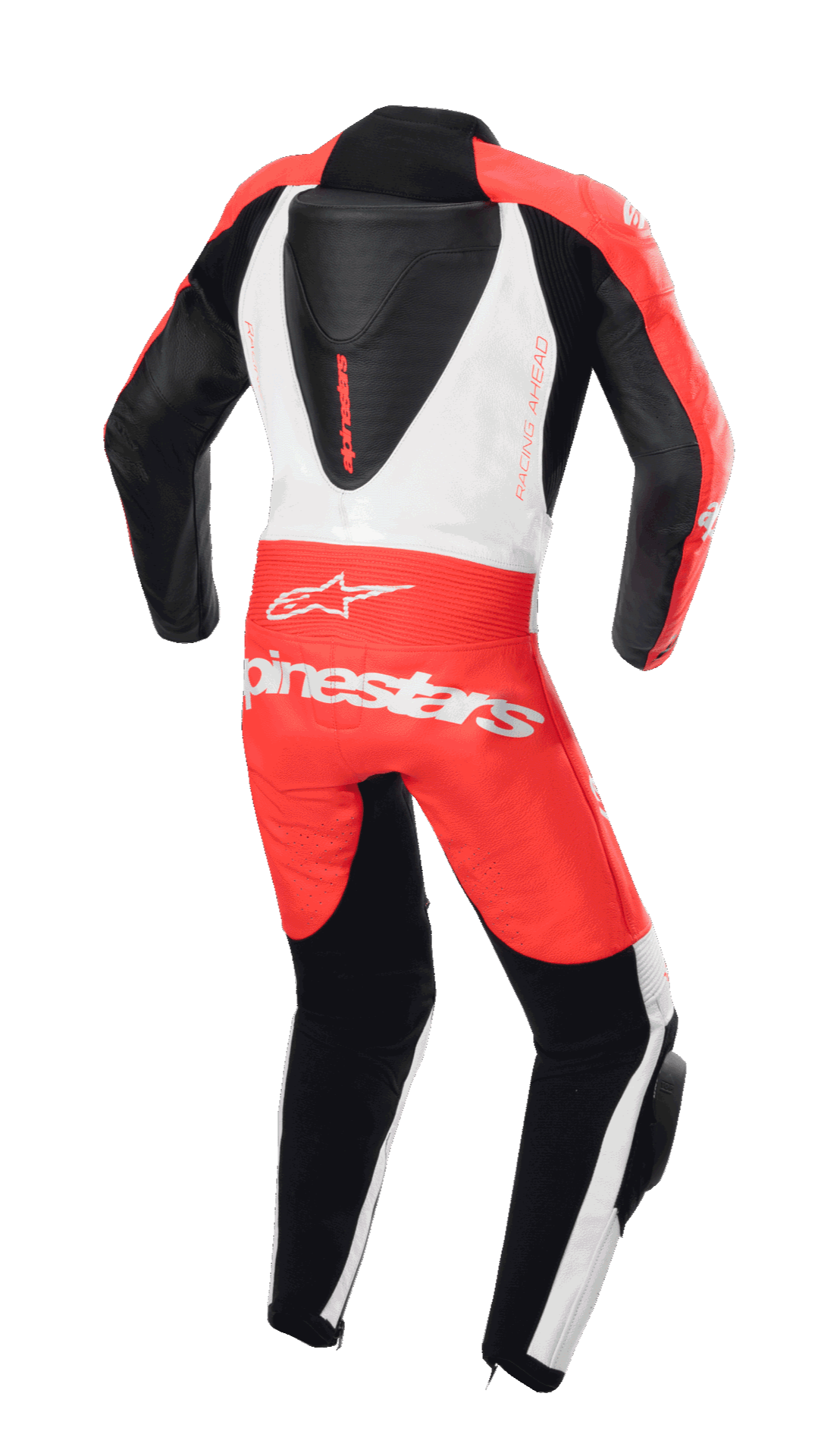 Alpinestars Youth GP Plus V2 1-Piece Leather Suit, widok z tyłu, fluorescencyjny czerwony, biały i czarny, aerodynamiczny garb i logo Alpinestars, profesjonalny design wyścigowy dla młodych motocyklistów