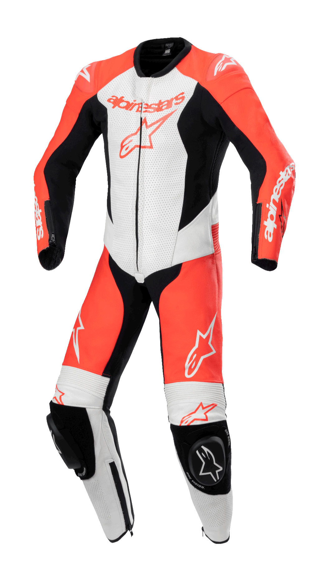 Alpinestars Youth GP Plus V2, jednoczęściowy skórzany kombinezon wyścigowy, czerwony fluo, biały i czarny, perforowane panele wentylacyjne, czarne slidery kolan z logo Astar, aerodynamiczny krój wyścigowy dla młodych motocyklistów