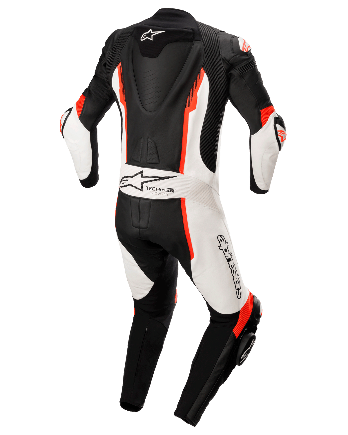 Jednoczęściowy kombinezon skórzany Alpinestars Missile V2, czarno-biało-czerwony fluo, widok z tyłu z aerodynamicznym garbem, oznaczeniem Tech-Air Ready i logo Alpinestars, skórzany wyścigowy kombinezon motocyklowy premium