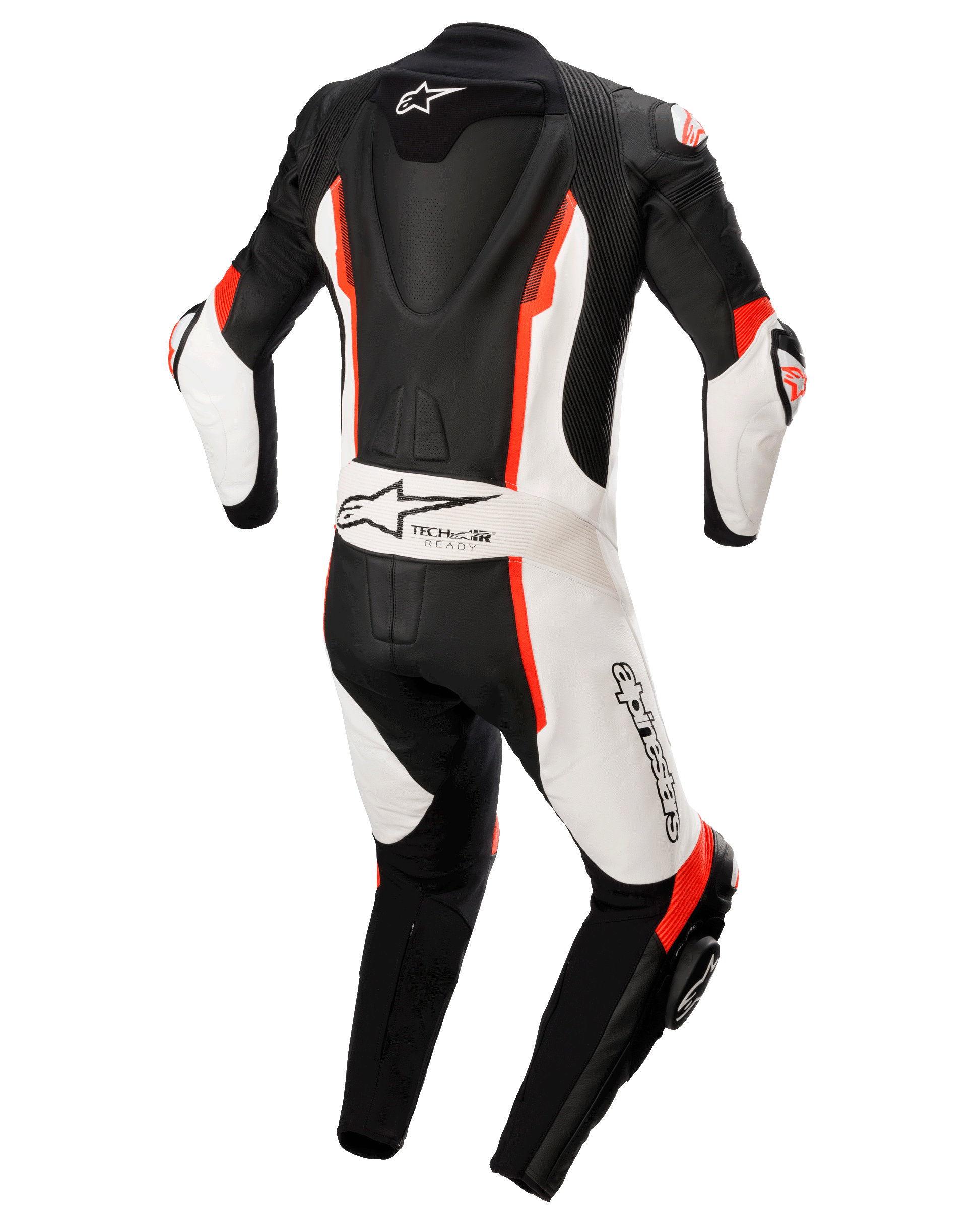 Jednoczęściowy kombinezon skórzany Alpinestars Missile V2, czarno-biało-czerwony fluo, widok z tyłu z aerodynamicznym garbem, oznaczeniem Tech-Air Ready i logo Alpinestars, skórzany wyścigowy kombinezon motocyklowy premium