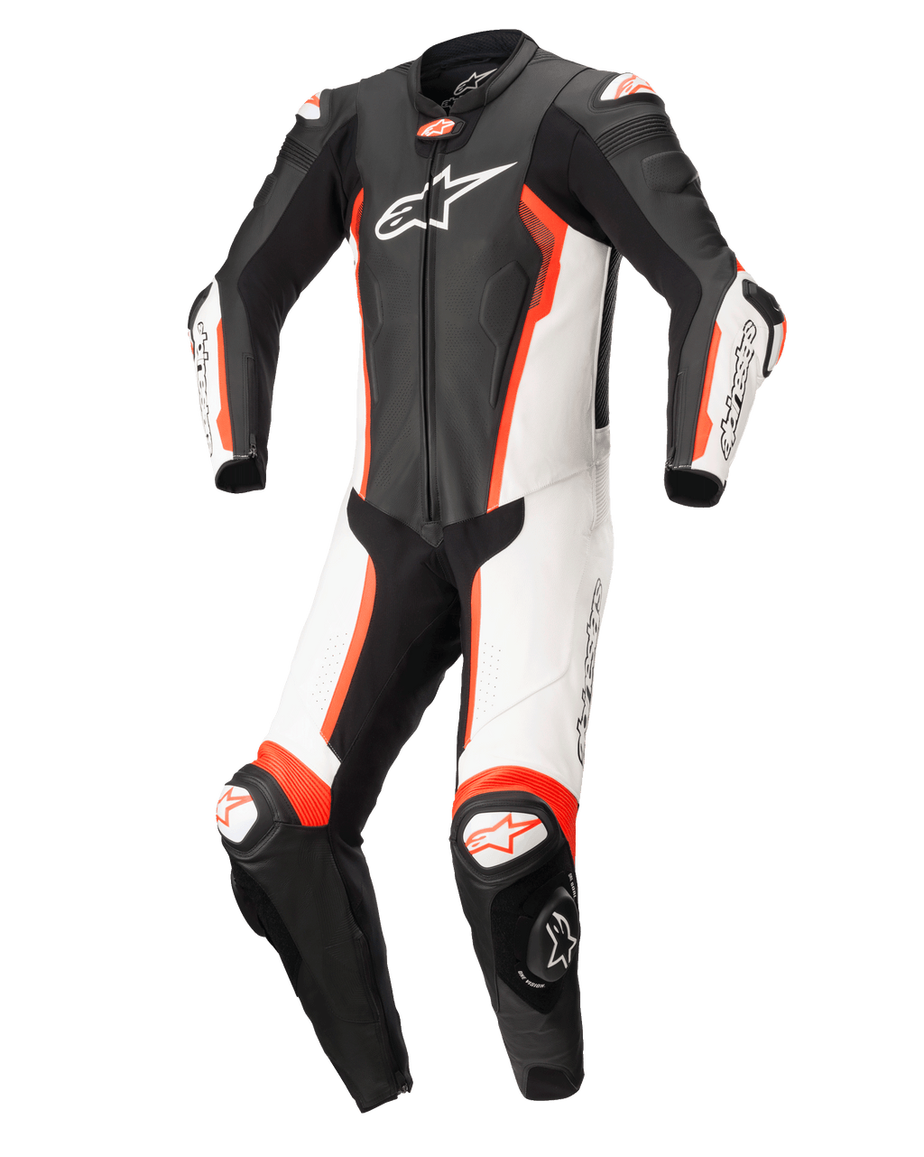 Alpinestars Missile V2 1-Piece Leather Suit, wyścigowy kombinezon skórzany, czarno-biały z jaskrawoczerwonymi elementami fluo, ergonomiczna profilowana konstrukcja, białe i czarne panele, logo Alpinestars na klatce piersiowej i sliderach kolan, zaprojektowany do wyścigów wyczynowych