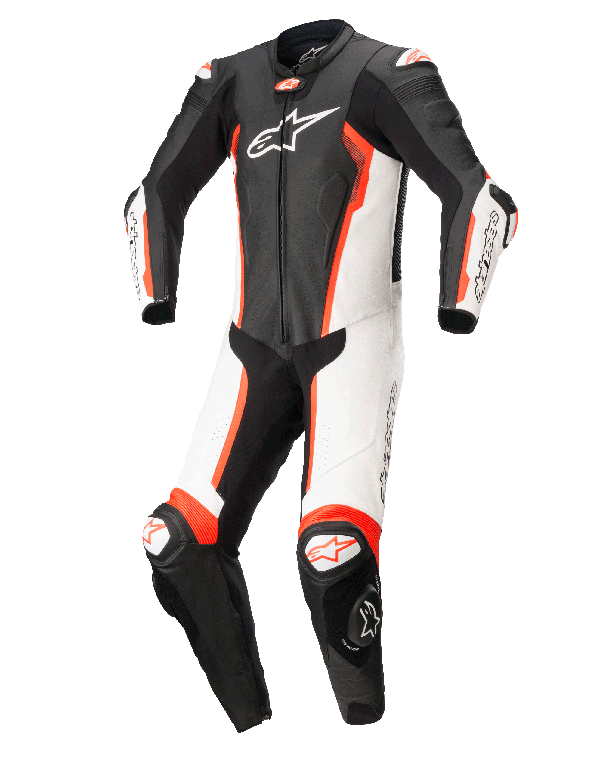 Alpinestars Missile V2 1-Piece Leather Suit, wyścigowy kombinezon skórzany, czarno-biały z jaskrawoczerwonymi elementami fluo, ergonomiczna profilowana konstrukcja, białe i czarne panele, logo Alpinestars na klatce piersiowej i sliderach kolan, zaprojektowany do wyścigów wyczynowych