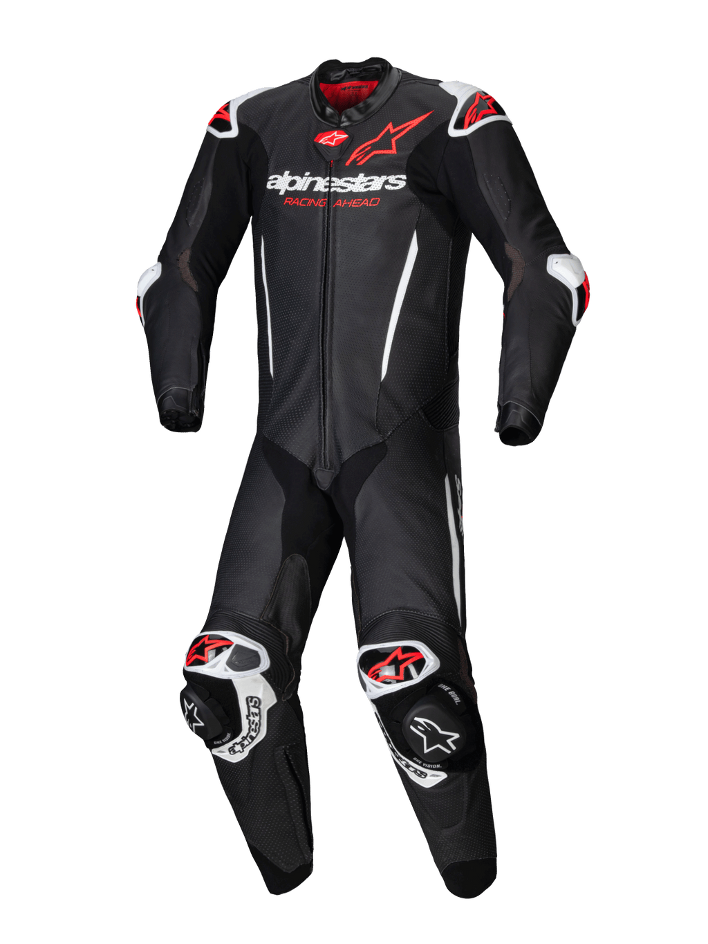 Alpinestars GP-R7 1 sztuka, męski skórzany kombinezon wyścigowy, czarny i czerwony fluo, skóra 1,3 mm, Tech-Air ready.