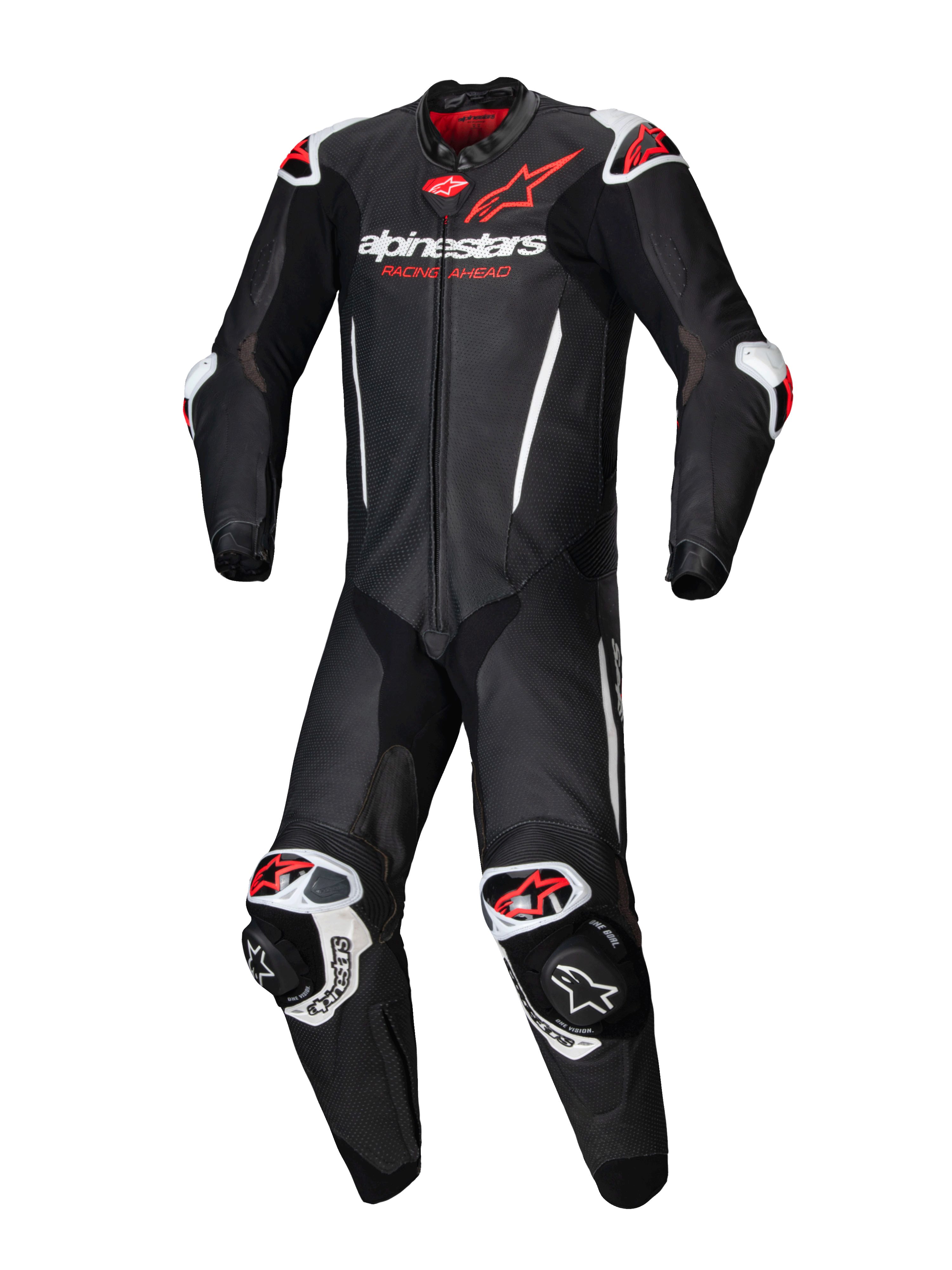 Alpinestars GP-R7 1 sztuka, męski skórzany kombinezon wyścigowy, czarny i czerwony fluo, skóra 1,3 mm, Tech-Air ready.