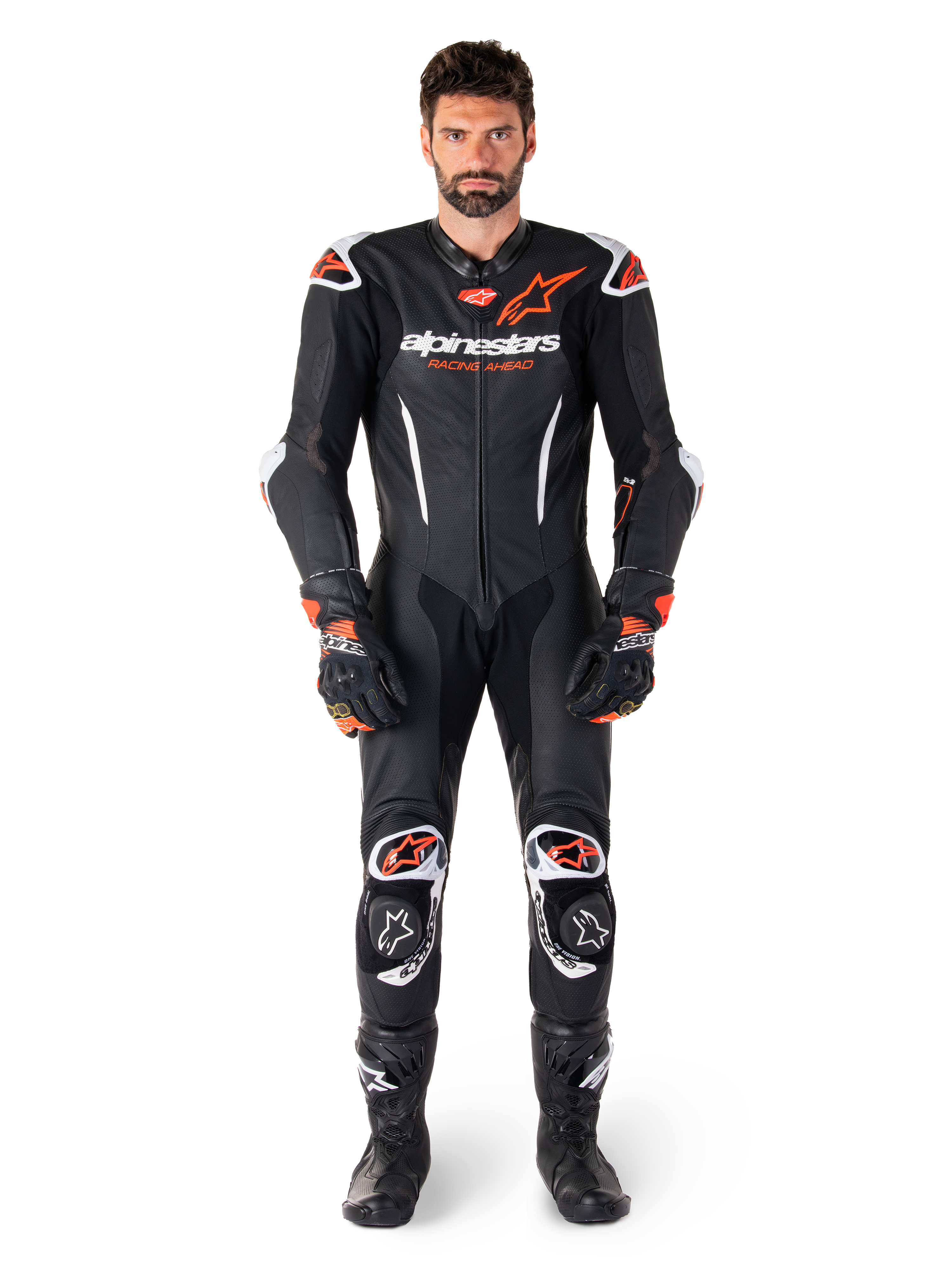 Alpinestars GP-R7, męski skórzany kombinezon jednoczęściowy, czarny i czerwony fluo, profesjonalna odzież wyścigowa.
