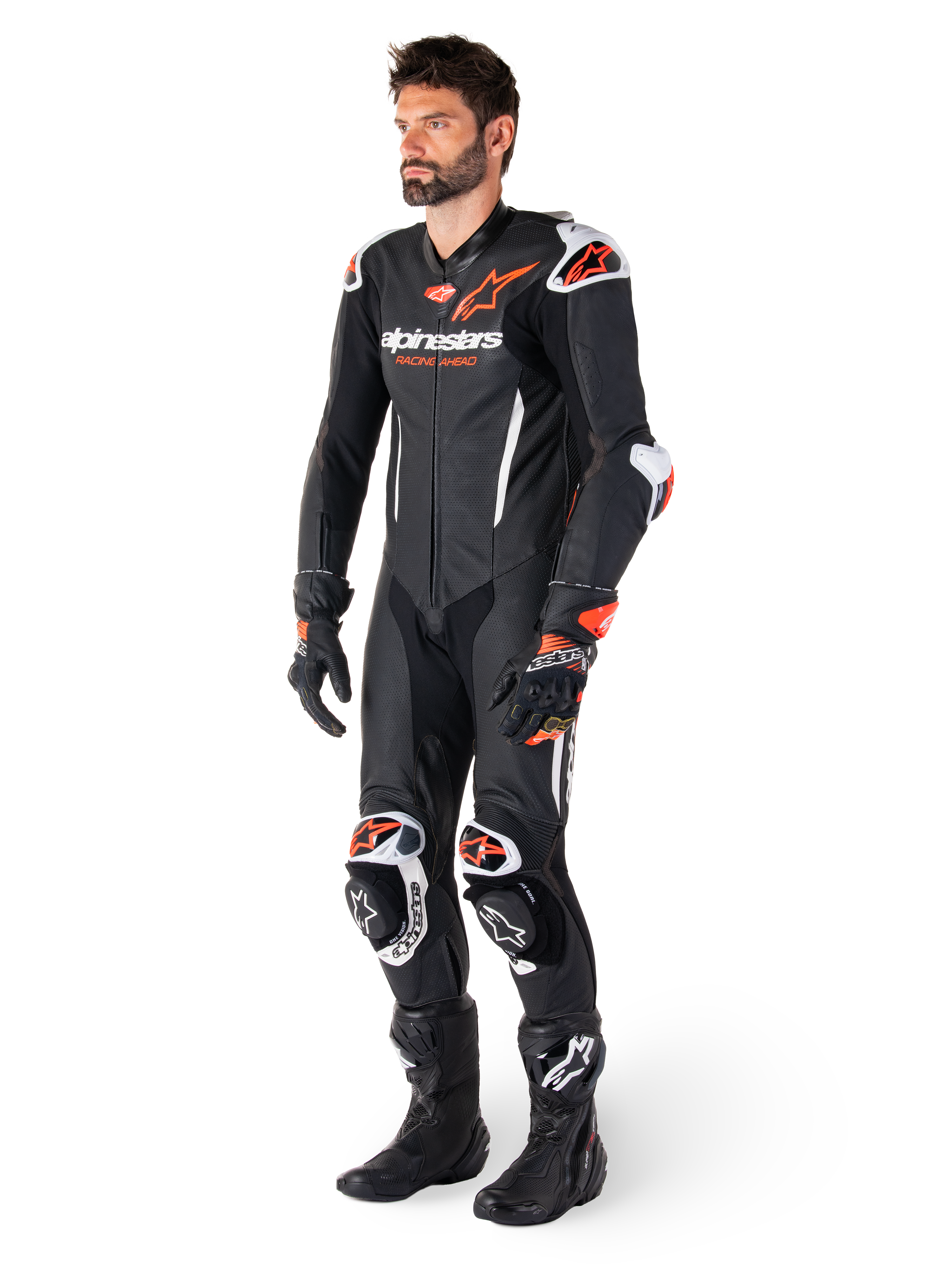 Alpinestars GP-R7 1PC Leather Suit, męski skórzany kombinezon wyścigowy, czarny i czerwony fluo, perforowana konstrukcja.