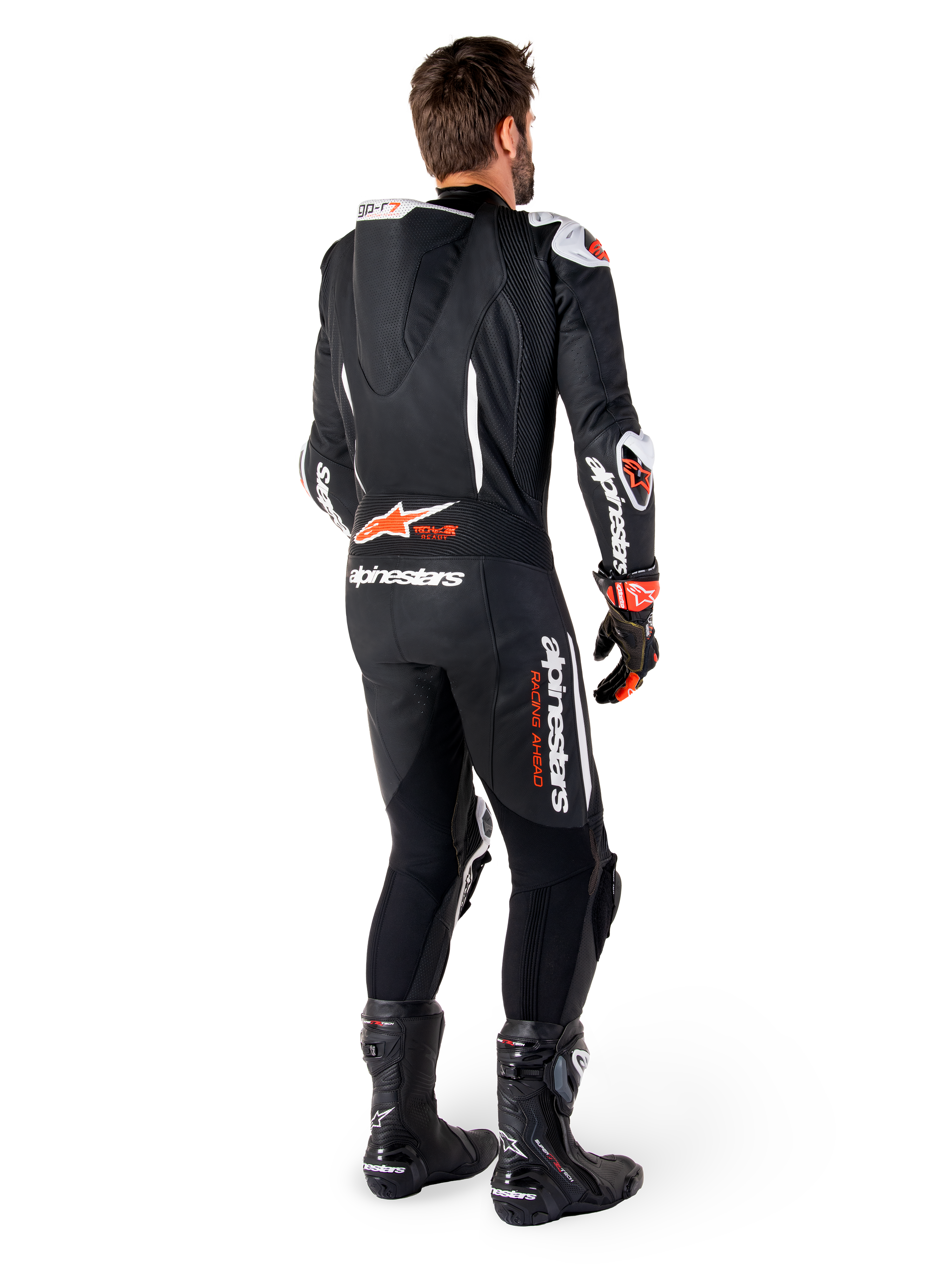 Alpinestars skórzany kombinezon GP-R7 1 sztuka, męski, wyścigowy, czarny i czerwony fluo, garb aerodynamiczny, Tech-Air Ready