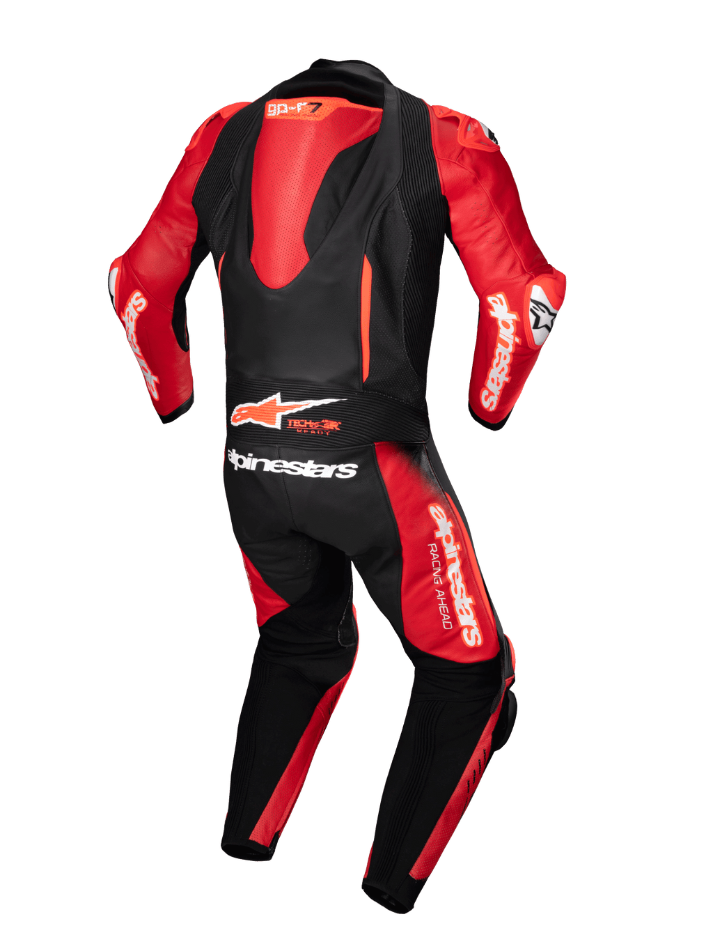 Alpinestars GP-R7, skórzany kombinezon wyścigowy, czarny i czerwony, z aerodynamicznym garbem i logo Tech-Air Ready.