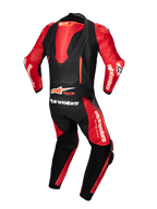 Alpinestars GP-R7, skórzany kombinezon wyścigowy, czarny i czerwony, z aerodynamicznym garbem i logo Tech-Air Ready.