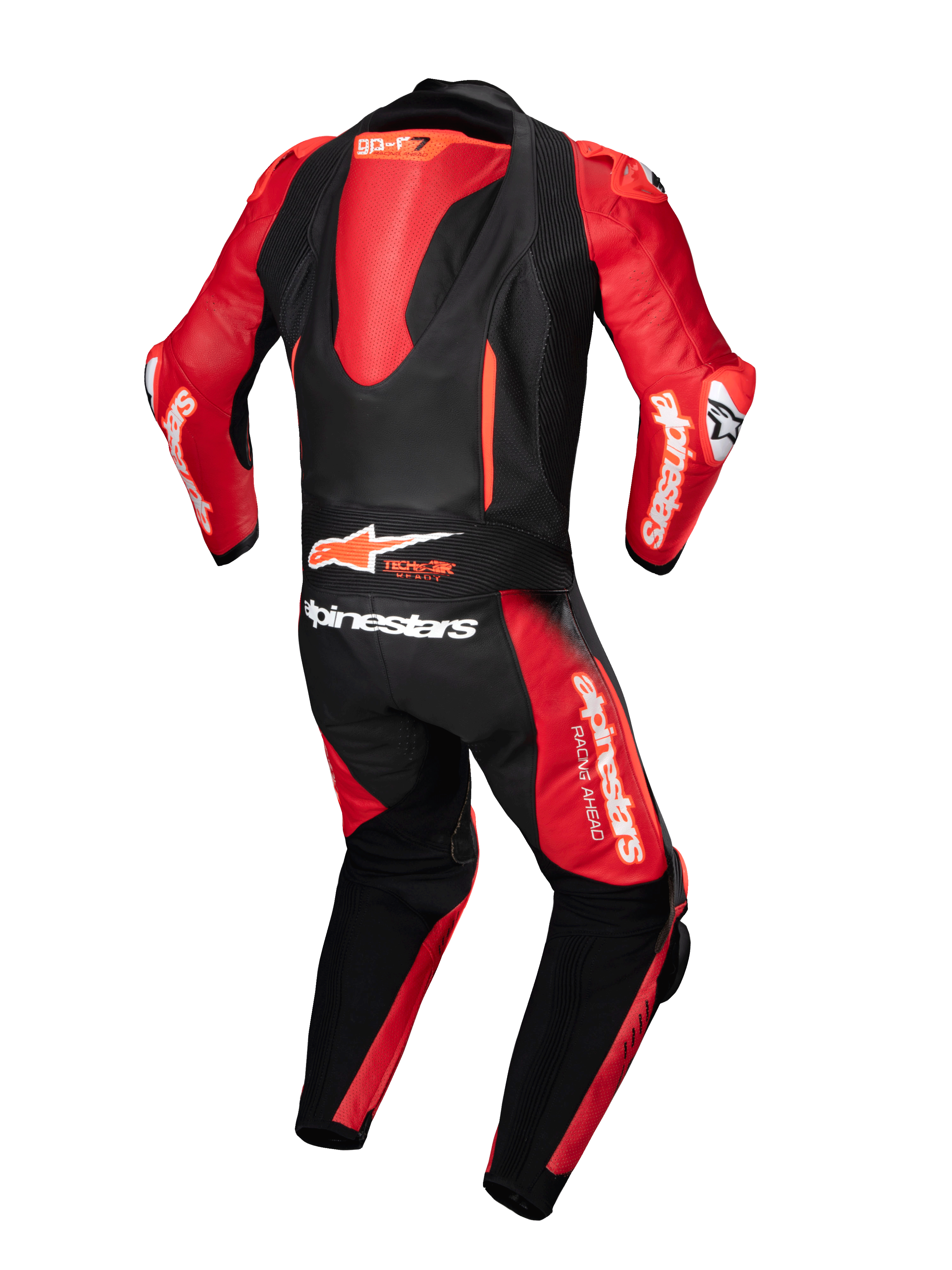 Alpinestars GP-R7, skórzany kombinezon wyścigowy, czarny i czerwony, z aerodynamicznym garbem i logo Tech-Air Ready.