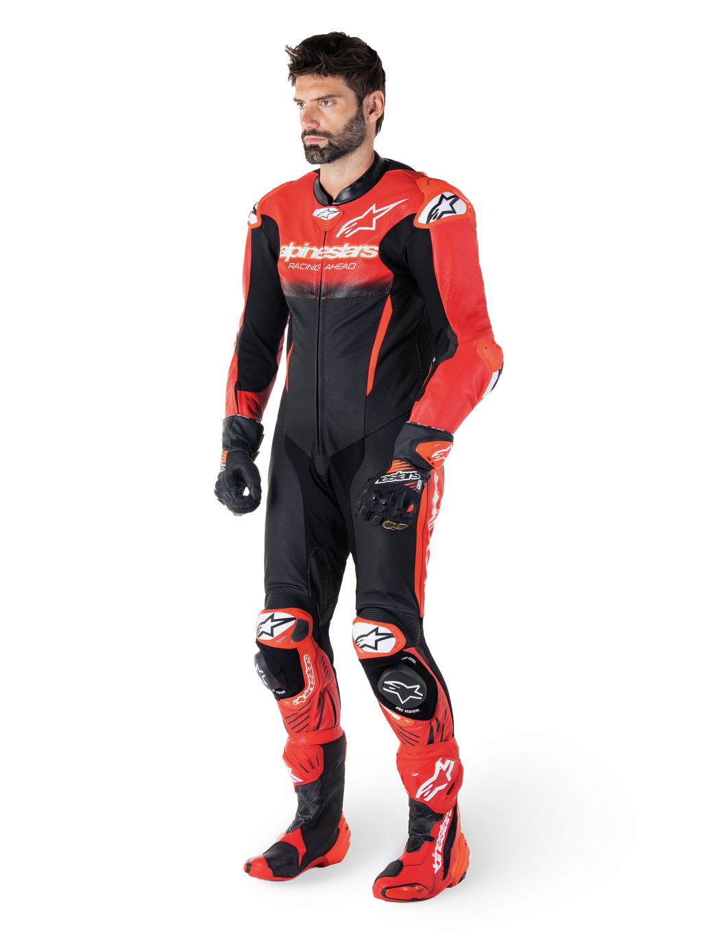 Alpinestars GP-R7 1 Sztuka, męski skórzany kombinezon wyścigowy, czarny i czerwony, perforowana skóra bydlęca, Tech-Air® Ready, na modelu