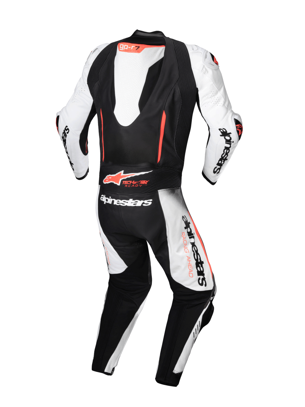 Alpinestars skórzany kombinezon GP-R7 1 Sztuka, biały i czarny wyścigowy kombinezon motocyklowy, widok z tyłu, garb aerodynamiczny, kompatybilny z systemem Tech-Air, certyfikat CE AAA