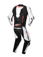 Alpinestars skórzany kombinezon GP-R7 1 Sztuka, biały i czarny wyścigowy kombinezon motocyklowy, widok z tyłu, garb aerodynamiczny, kompatybilny z systemem Tech-Air, certyfikat CE AAA