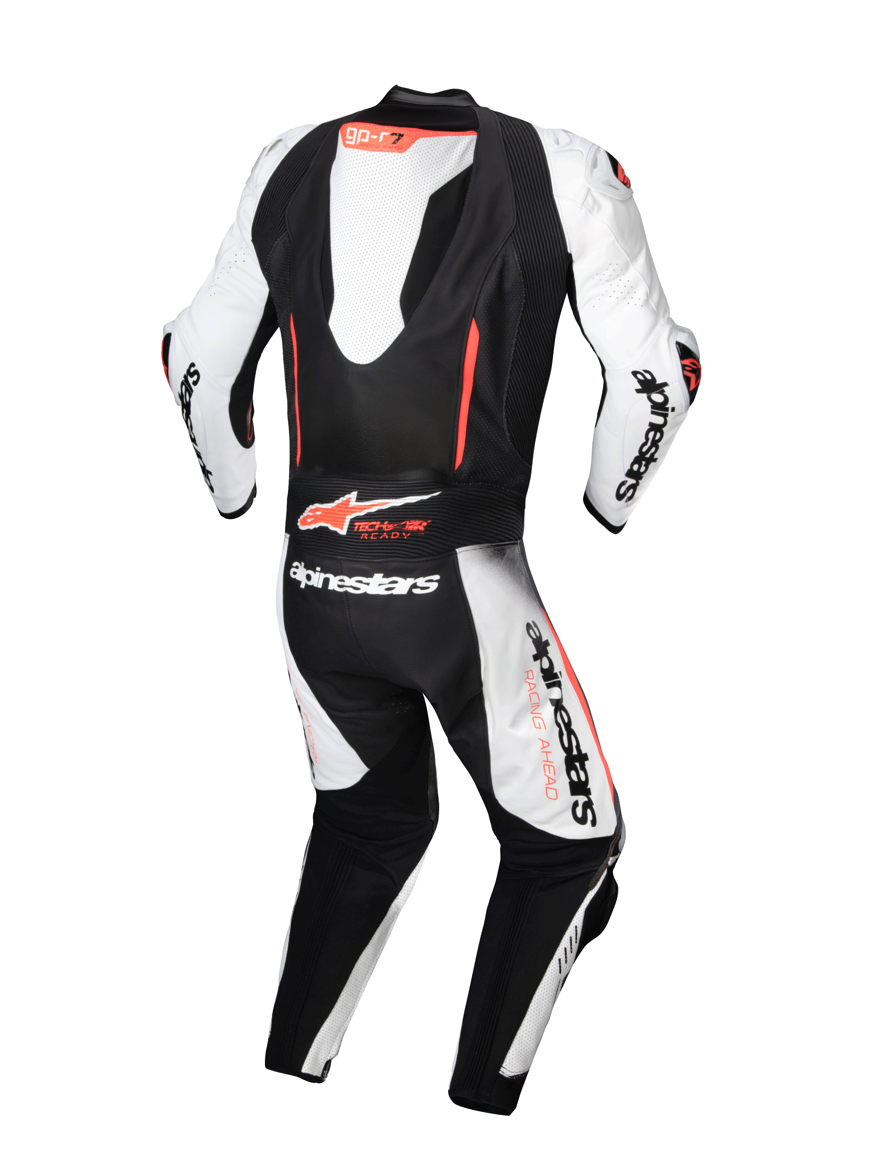 Alpinestars skórzany kombinezon GP-R7 1 Sztuka, biały i czarny wyścigowy kombinezon motocyklowy, widok z tyłu, garb aerodynamiczny, kompatybilny z systemem Tech-Air, certyfikat CE AAA
