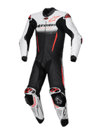 Alpinestars GP-R7 1 Sztuka, skórzany kombinezon wyścigowy, biały, czarny i czerwony fluo, skóra bydlęca, Tech-Air Ready.