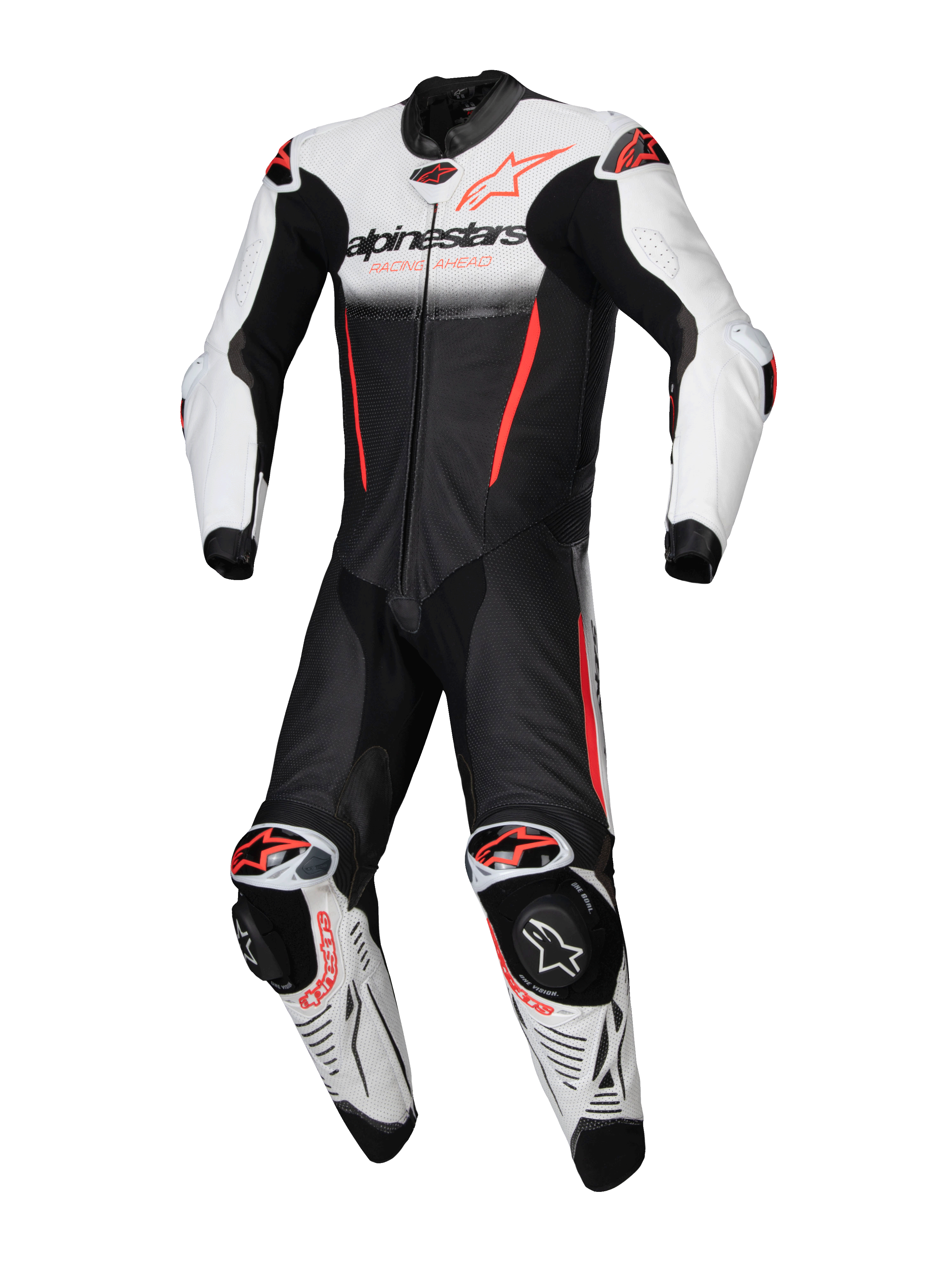 Alpinestars GP-R7 1 Sztuka, skórzany kombinezon wyścigowy, biały, czarny i czerwony fluo, skóra bydlęca, Tech-Air Ready.