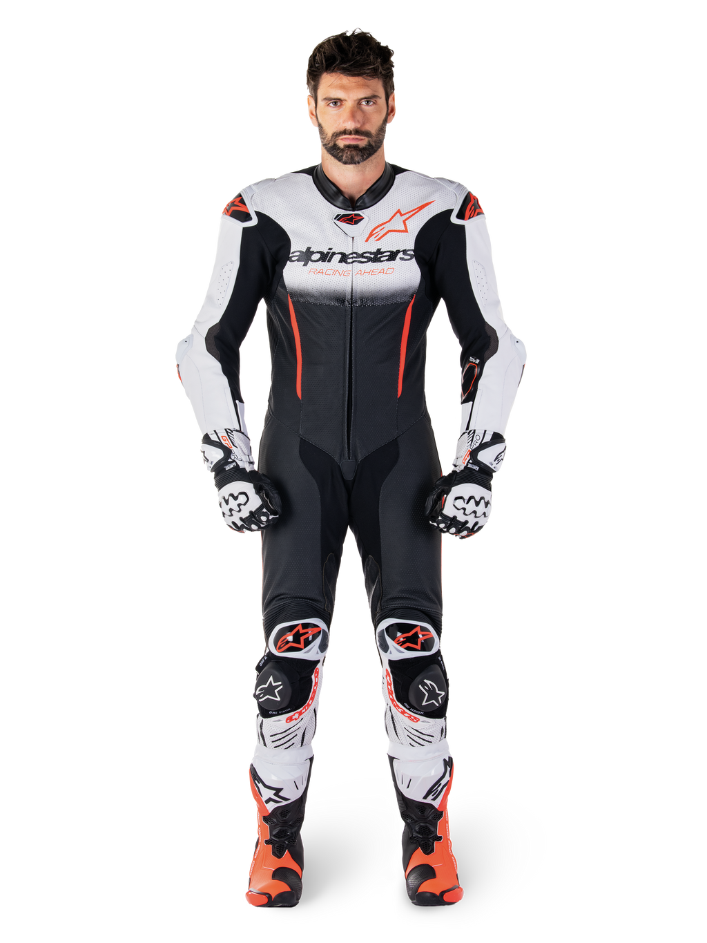 Alpinestars GP-R7, męski jednoczęściowy skórzany kombinezon wyścigowy, biały, czarny i czerwony fluo, skóra premium.