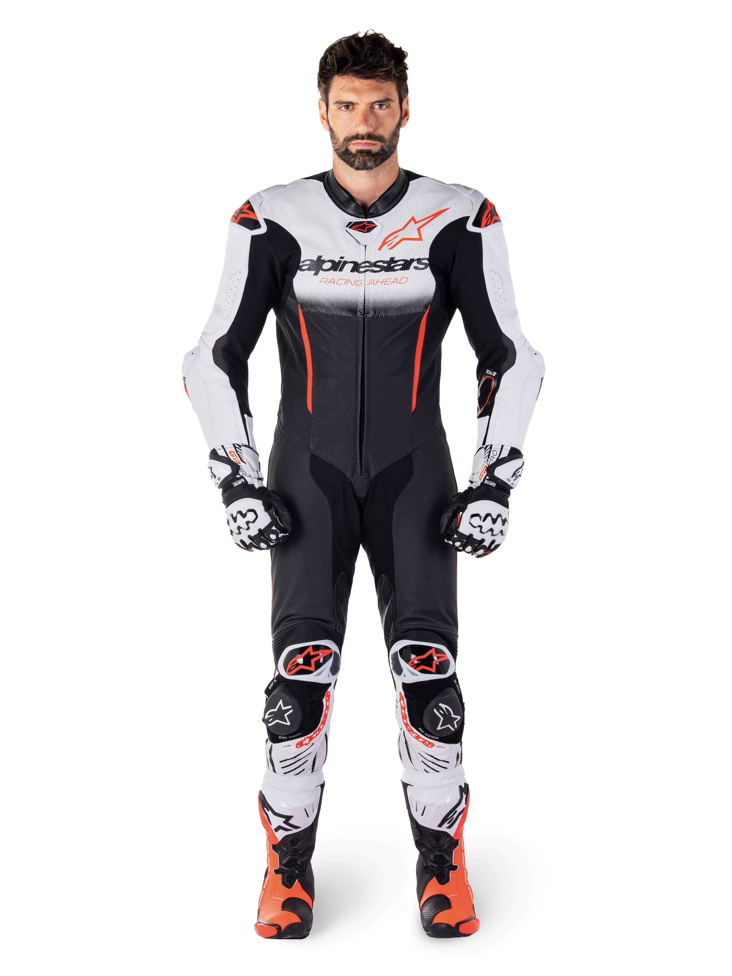 Alpinestars GP-R7, męski jednoczęściowy skórzany kombinezon wyścigowy, biały, czarny i czerwony fluo, skóra premium.