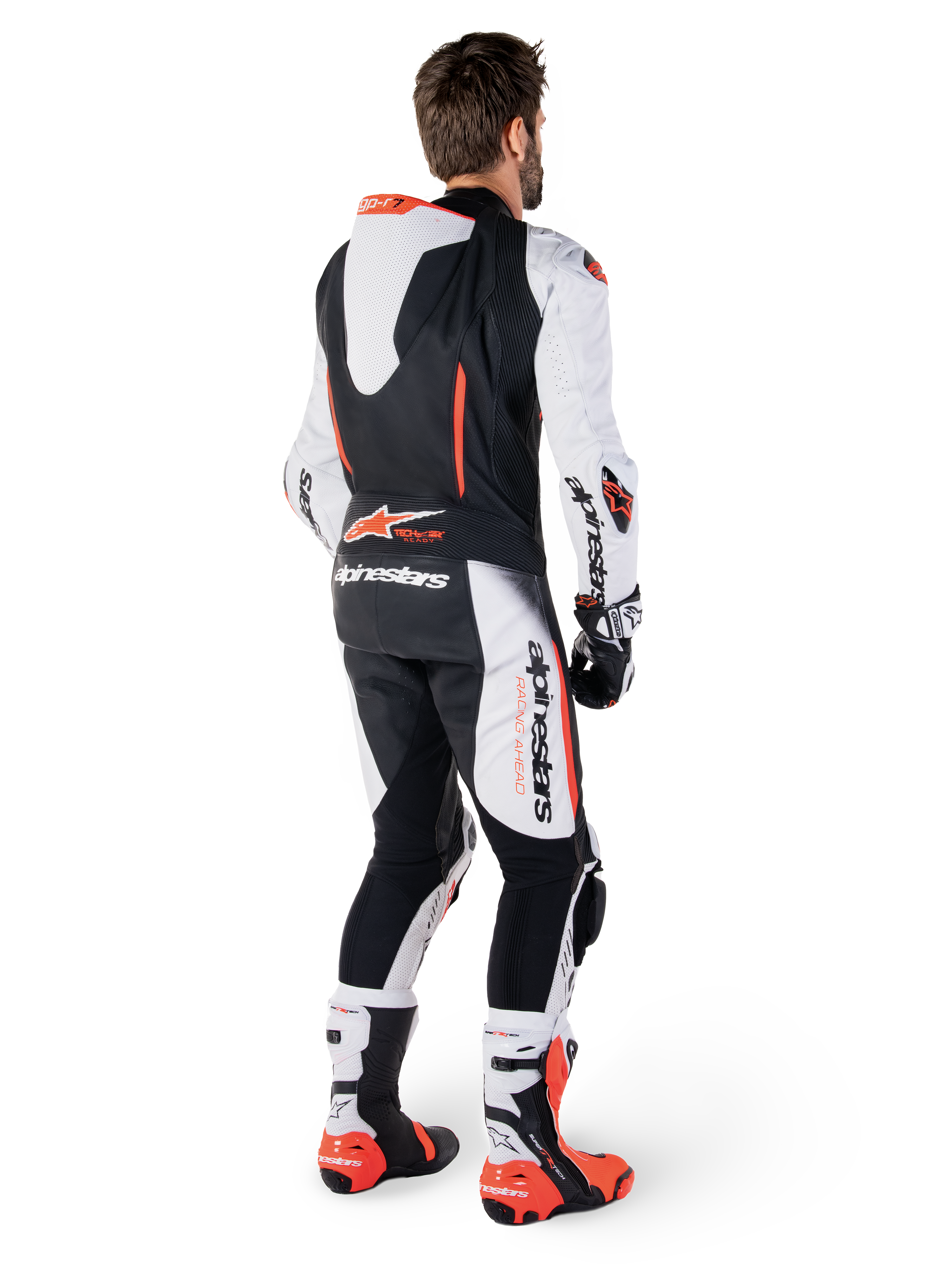 Alpinestars GP-R7 1 sztuka, męski skórzany kombinezon wyścigowy, biały i czarny, garb aerodynamiczny, skóra bydlęca.