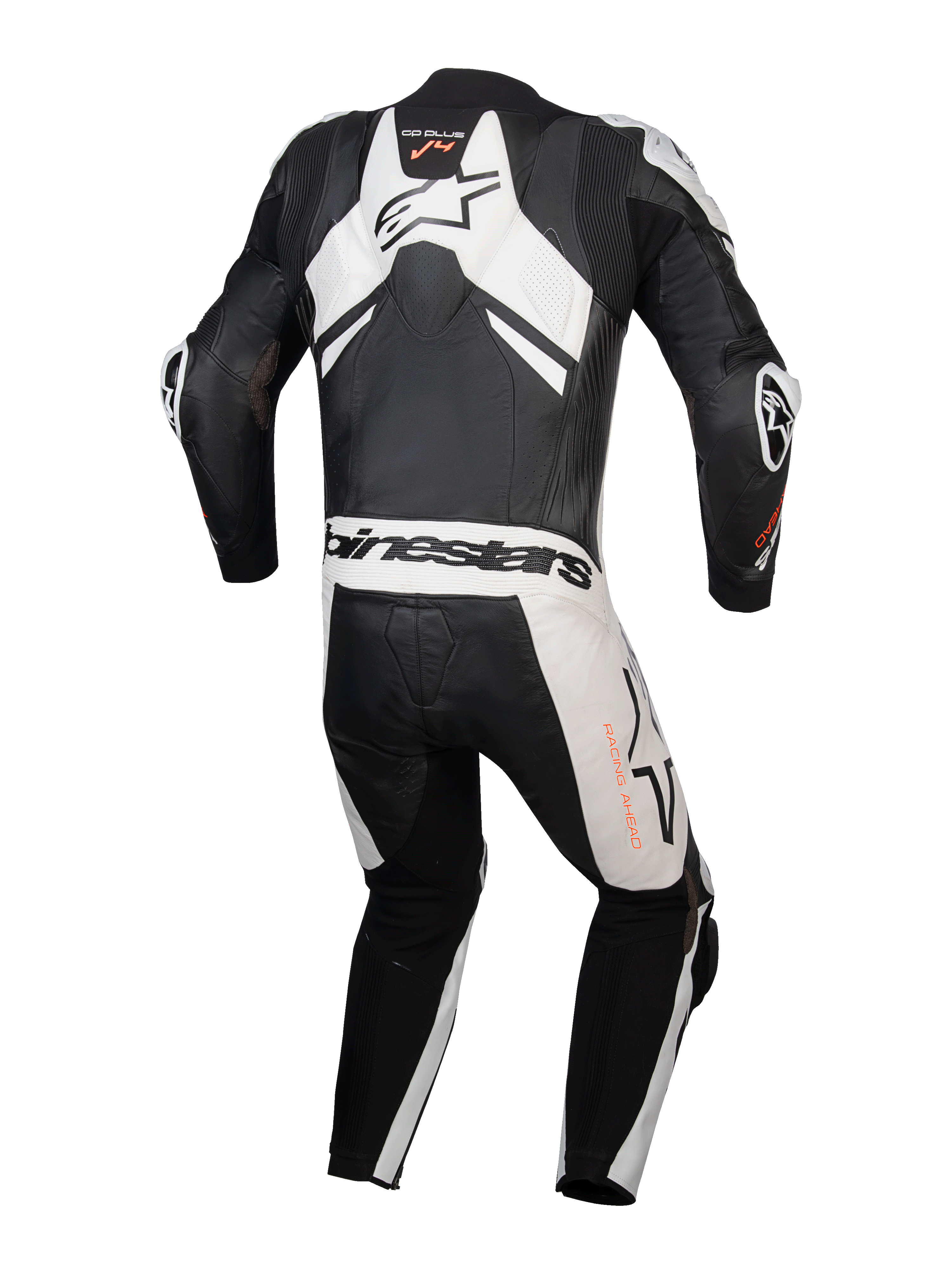 Skórzany kombinezon Alpinestars GP Plus V4 Sprint 1 Sztuka, męski model wyścigowy, czarny i biały, z garbem aerodynamicznym.