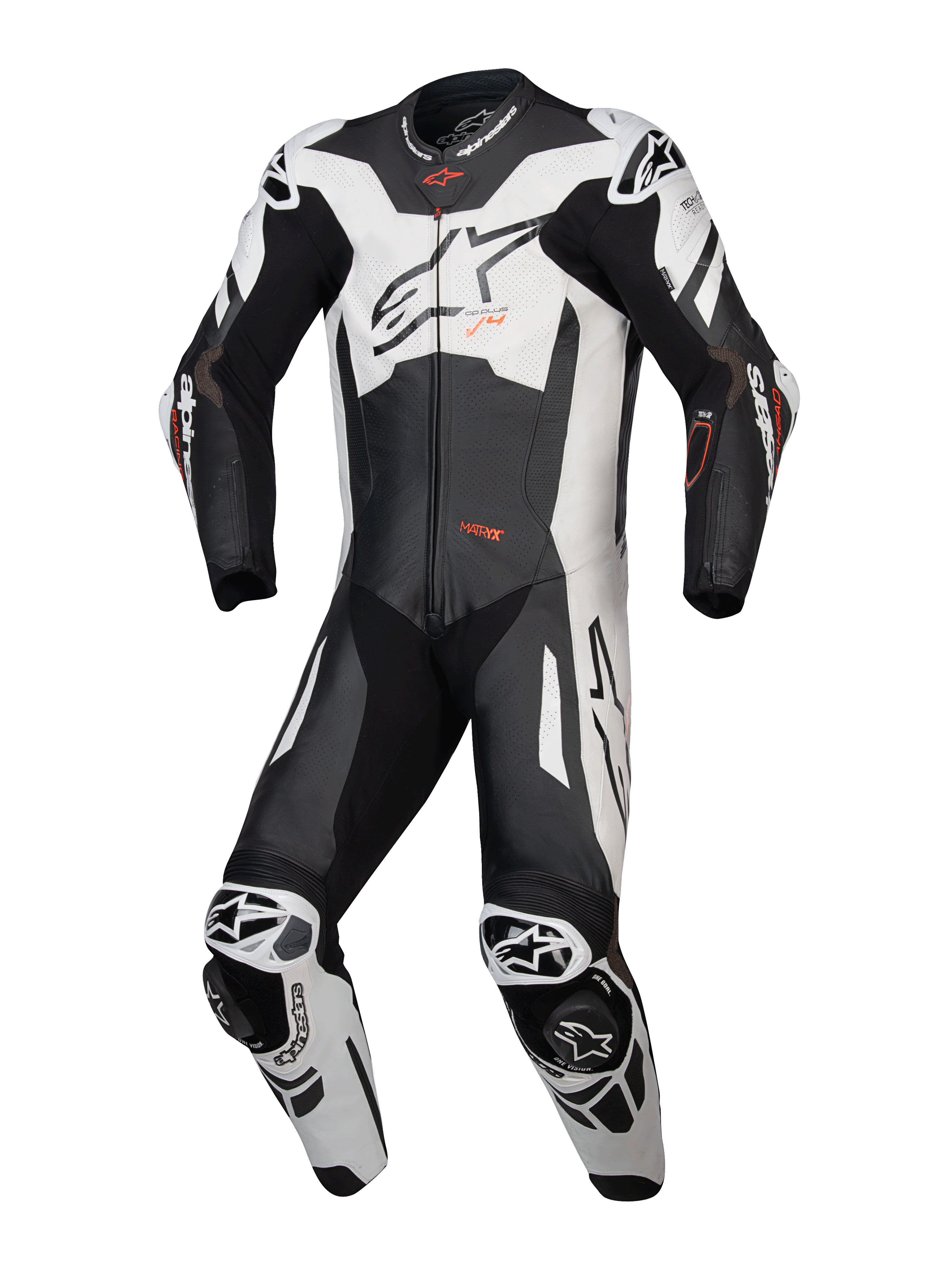 Alpinestars skórzany kombinezon GP Plus V4 Sprint 1 Sztuka, męski motocyklowy kombinezon wyścigowy, czarny i biały z czerwonymi akcentami fluo, Tech-Air Ready, certyfikat CE AAA.