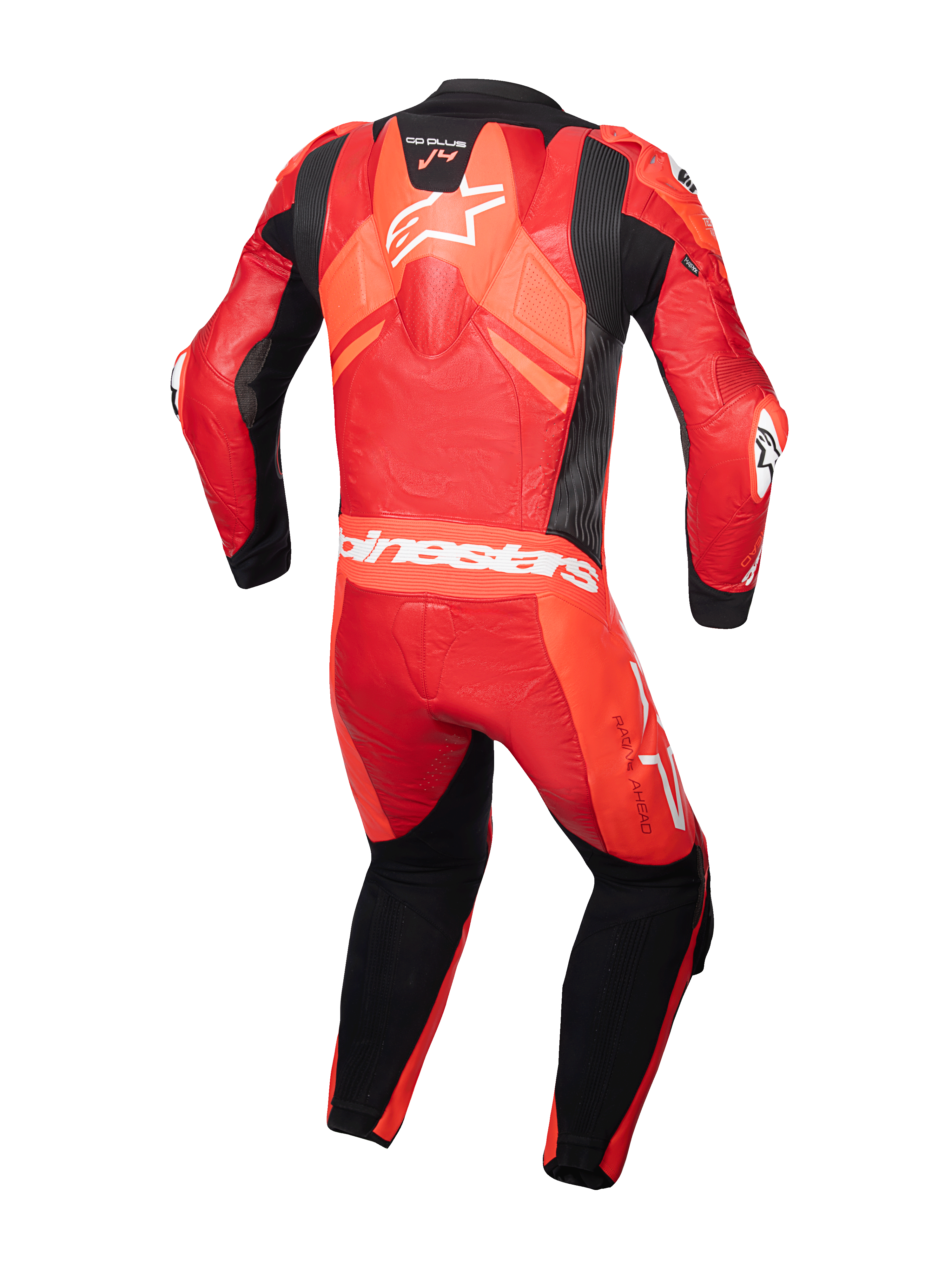 Alpinestars GP Plus V4 Sprint, męski skórzany kombinezon wyścigowy, czerwony i czarny, z garbem aerodynamicznym.