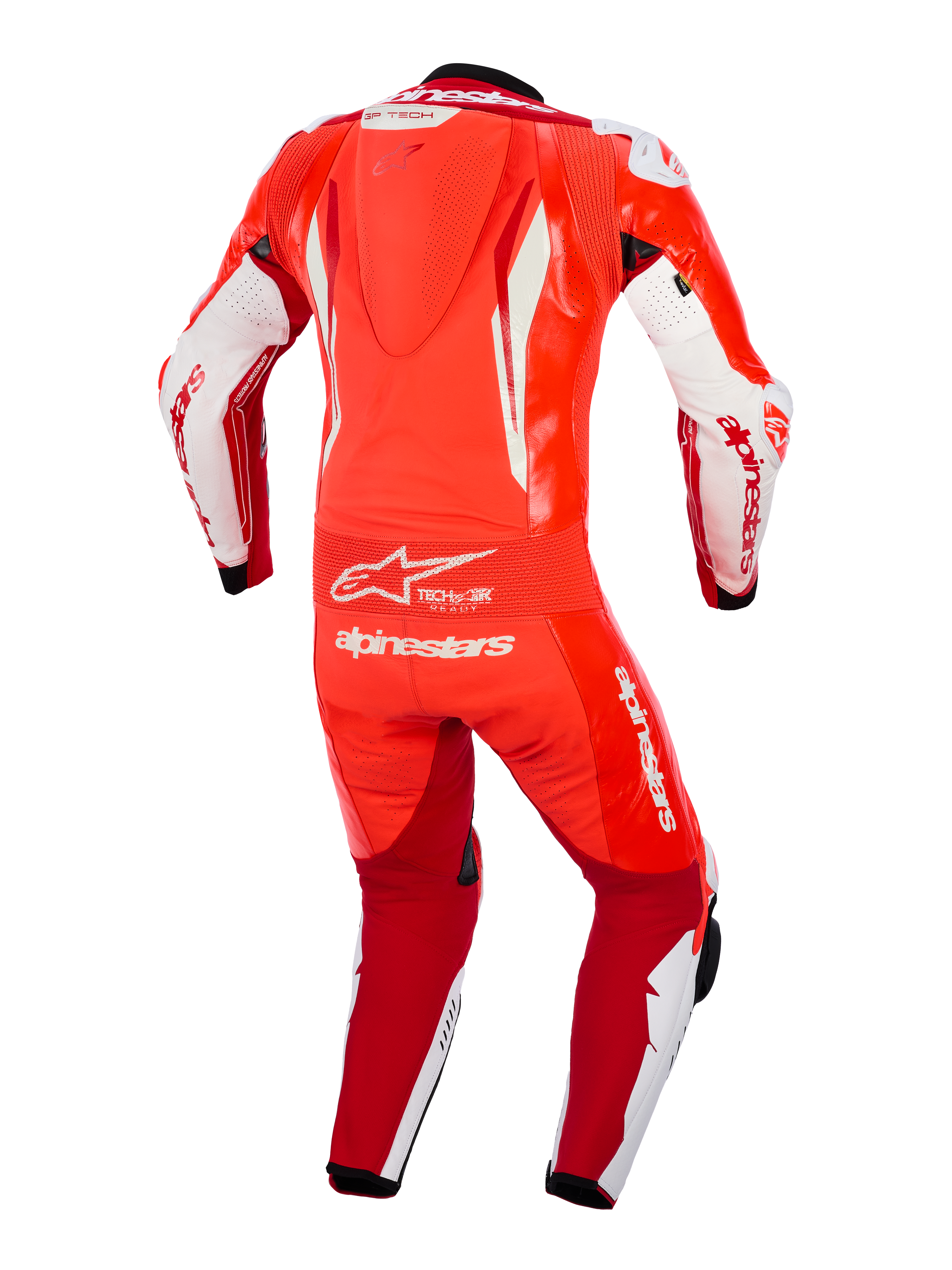Kombinezon skórzany Alpinestars GP Tech V5 One Piece, czerwony fluo, jaskrawoczerwony i biały, widok z tyłu pokazujący garb aerodynamiczny, elastyczny panel akordeonowy w talii i wyraźne białe logo Alpinestars, profesjonalna odzież wyścigowa na tor motocyklowy
