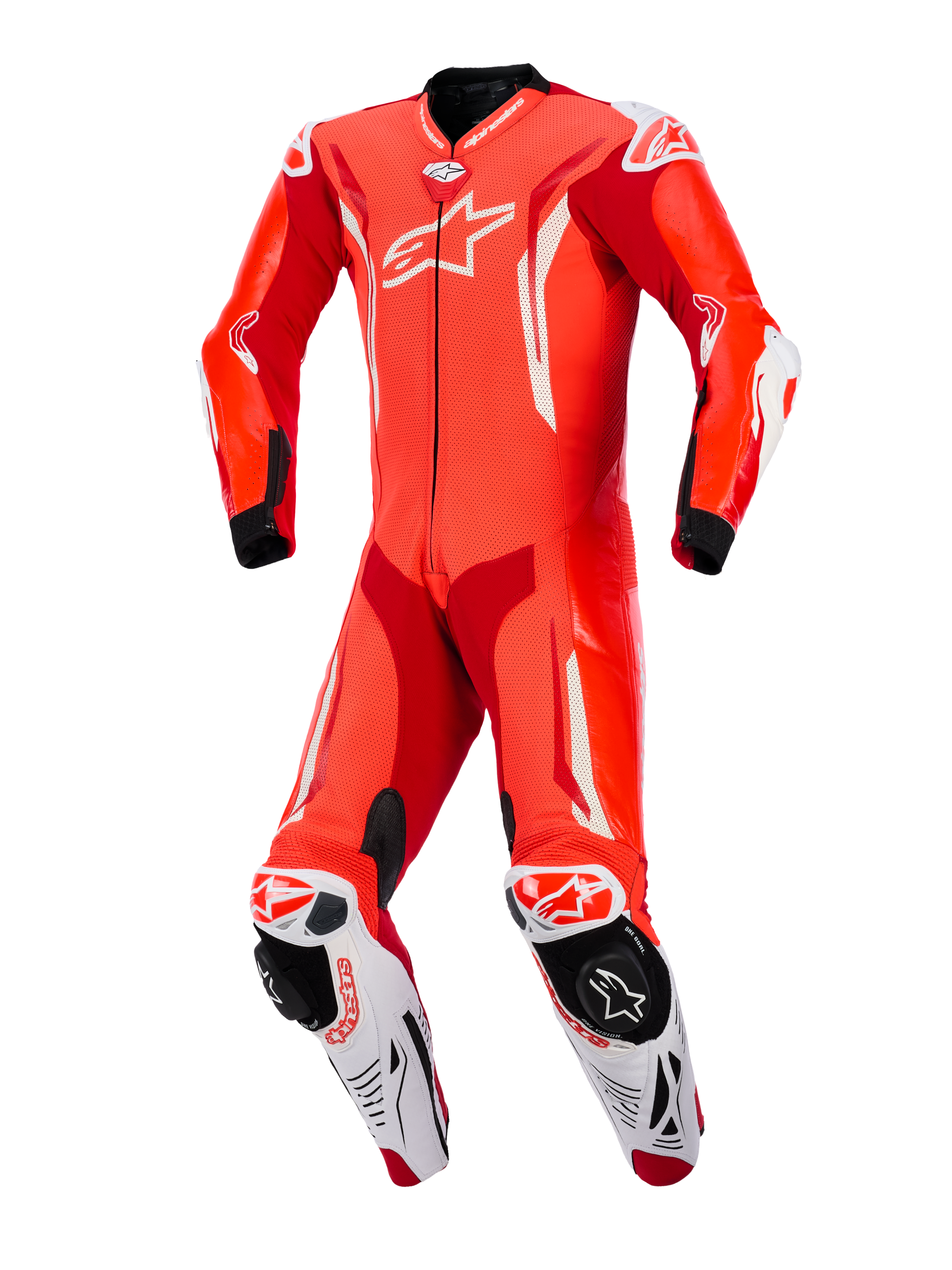Alpinestars GP Tech V5 One Piece Leather Suit, jednoczęściowy kombinezon skórzany, czerwony fluo, jasnoczerwony i biały, widok z przodu, profesjonalny kombinezon wyścigowy z perforowaną skórą, białymi akcentami aerodynamicznymi i zintegrowanymi sliderami kolan