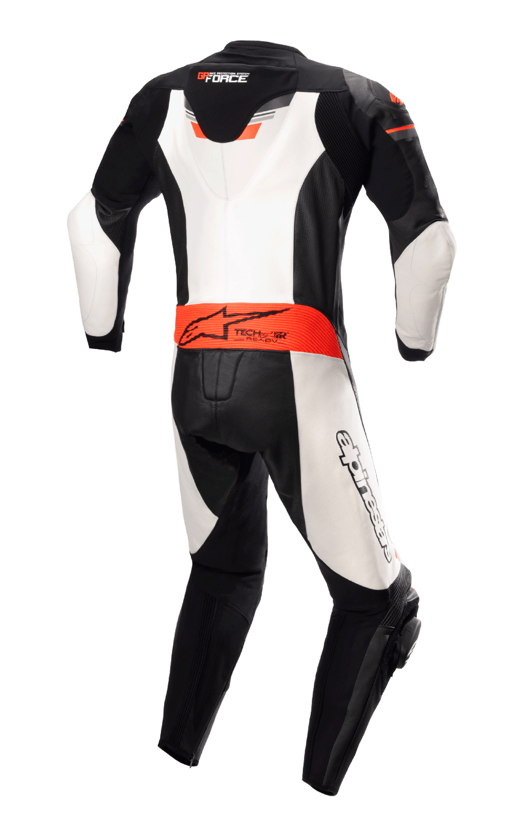 Alpinestars GP Force Chaser One Piece Leather Suit, widok z tyłu, czarny, biały i czerwony fluo, aerodynamiczny garb, oznaczenie Tech-Air Ready w pasie, białe skórzane panele, profesjonalny motocyklowy kombinezon wyścigowy ze skóry bydlęcej