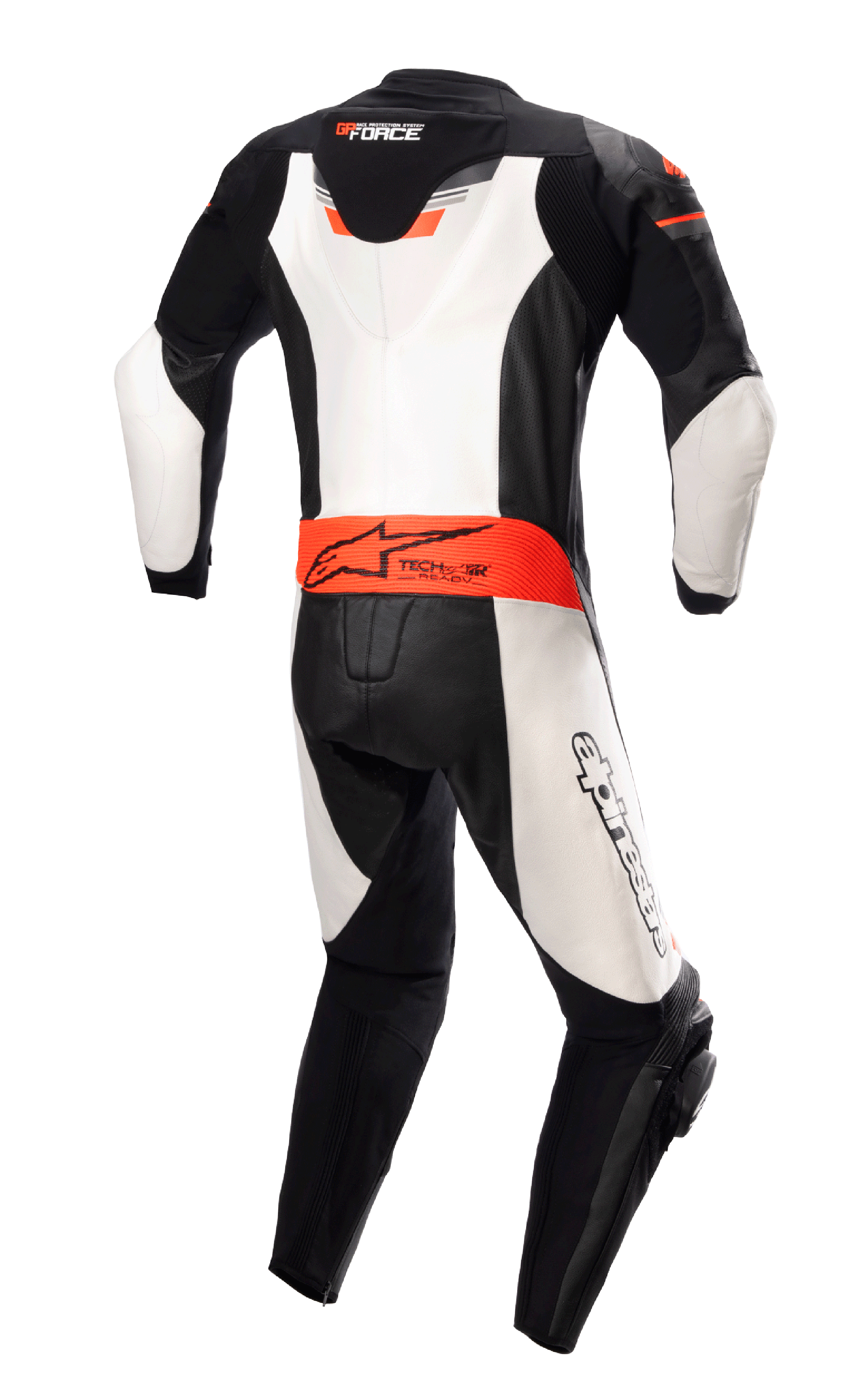 Alpinestars GP Force Chaser One Piece Leather Suit, widok z tyłu, czarny, biały i czerwony fluo, aerodynamiczny garb, oznaczenie Tech-Air Ready w pasie, białe skórzane panele, profesjonalny motocyklowy kombinezon wyścigowy ze skóry bydlęcej