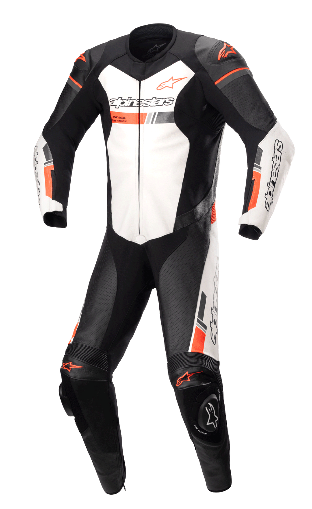 Alpinestars GP Force Chaser, jednoczęściowy kombinezon skórzany, czarny i biały z jaskrawoczerwonymi akcentami, profesjonalny motocyklowy kombinezon wyścigowy, perforowane panele skórzane, zewnętrzne ochraniacze ramion i kolan, konstrukcja ze skóry bydlęcej