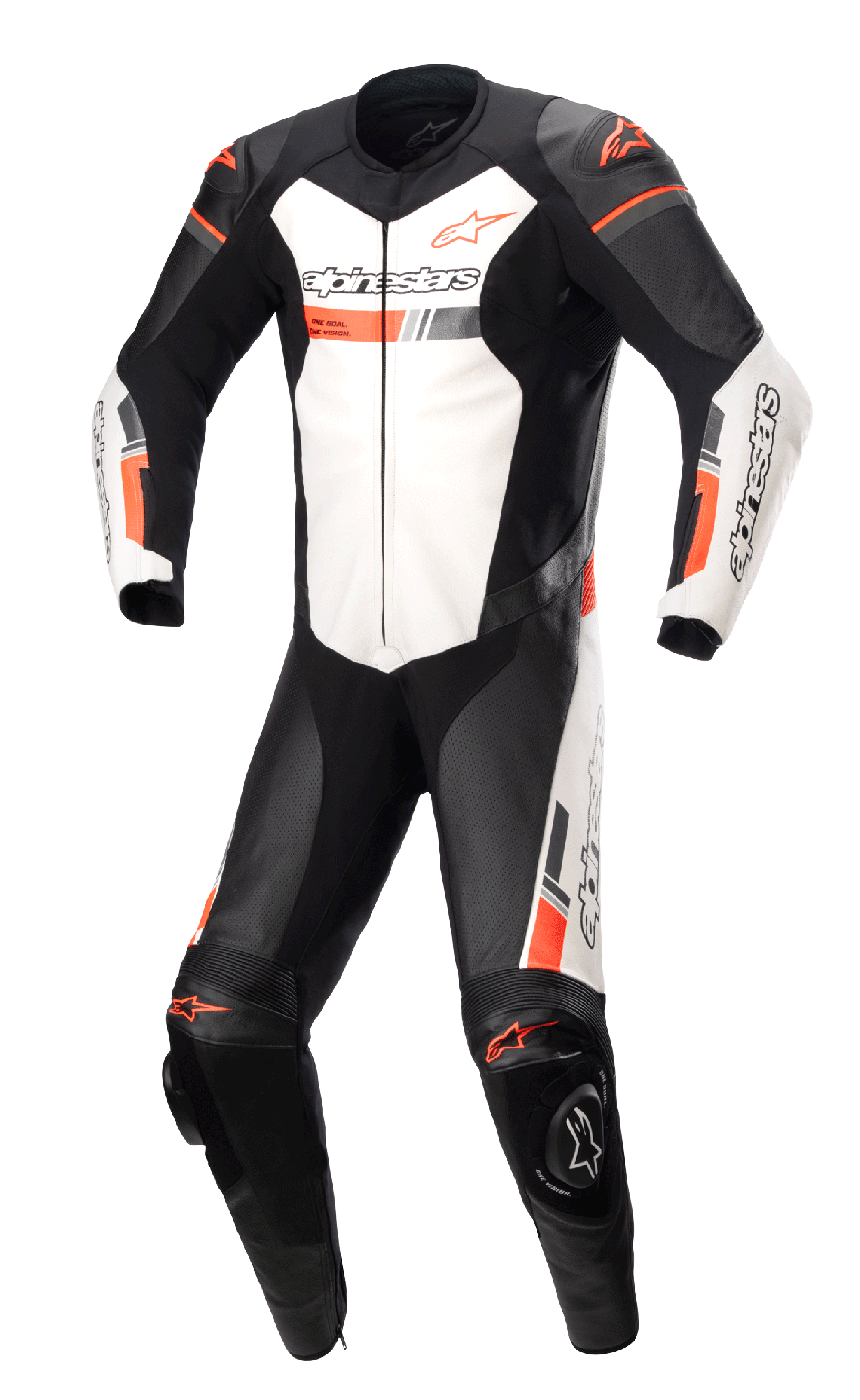 Alpinestars GP Force Chaser, jednoczęściowy kombinezon skórzany, czarny i biały z jaskrawoczerwonymi akcentami, profesjonalny motocyklowy kombinezon wyścigowy, perforowane panele skórzane, zewnętrzne ochraniacze ramion i kolan, konstrukcja ze skóry bydlęcej