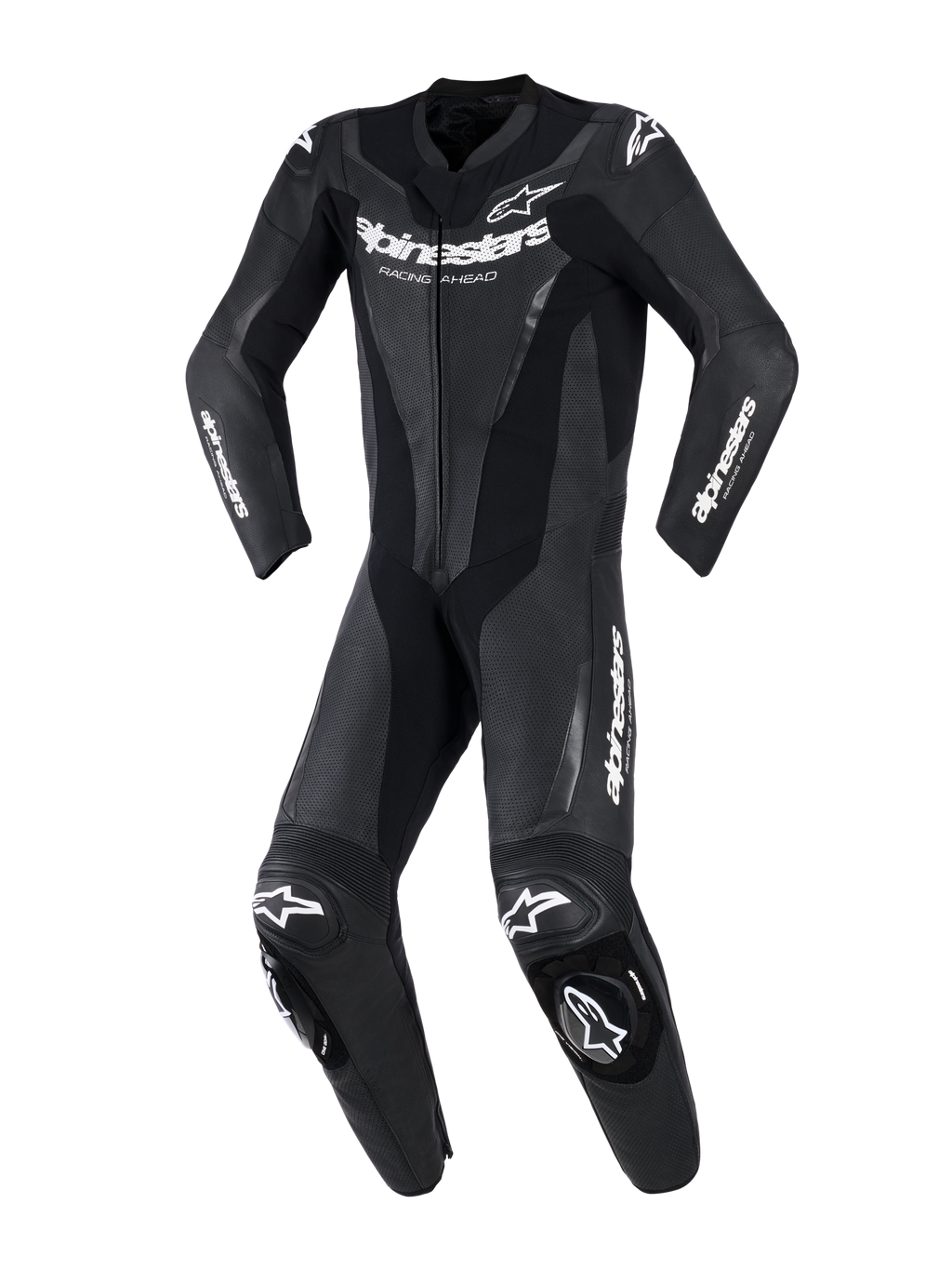 Alpinestars GP Force V2 Leather Suit - 1Piece, czarny, profesjonalny jednoczęściowy motocyklowy kombinezon wyścigowy z białym logo Alpinestars na klatce piersiowej i rękawach, perforowane panele skórzane zapewniające wentylację, elastyczne panele harmonijkowe oraz zintegrowane ślizgacze kolan, widok z przodu.