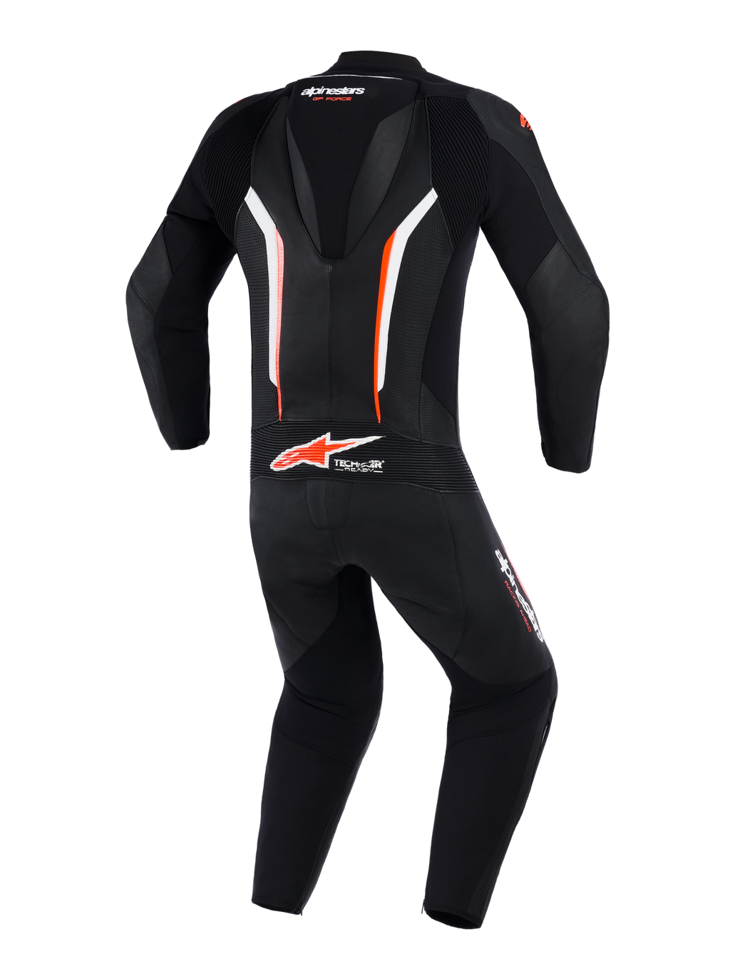 Alpinestars GP Force V2 Leather Suit 1-Piece, widok z tyłu, kolor czarno-biało-czerwony fluo, posiada aerodynamiczny garb, perforowane panele skórzane dla wentylacji oraz logo Tech-Air Ready w dolnej części pleców, profesjonalna odzież wyścigowa motocyklowa