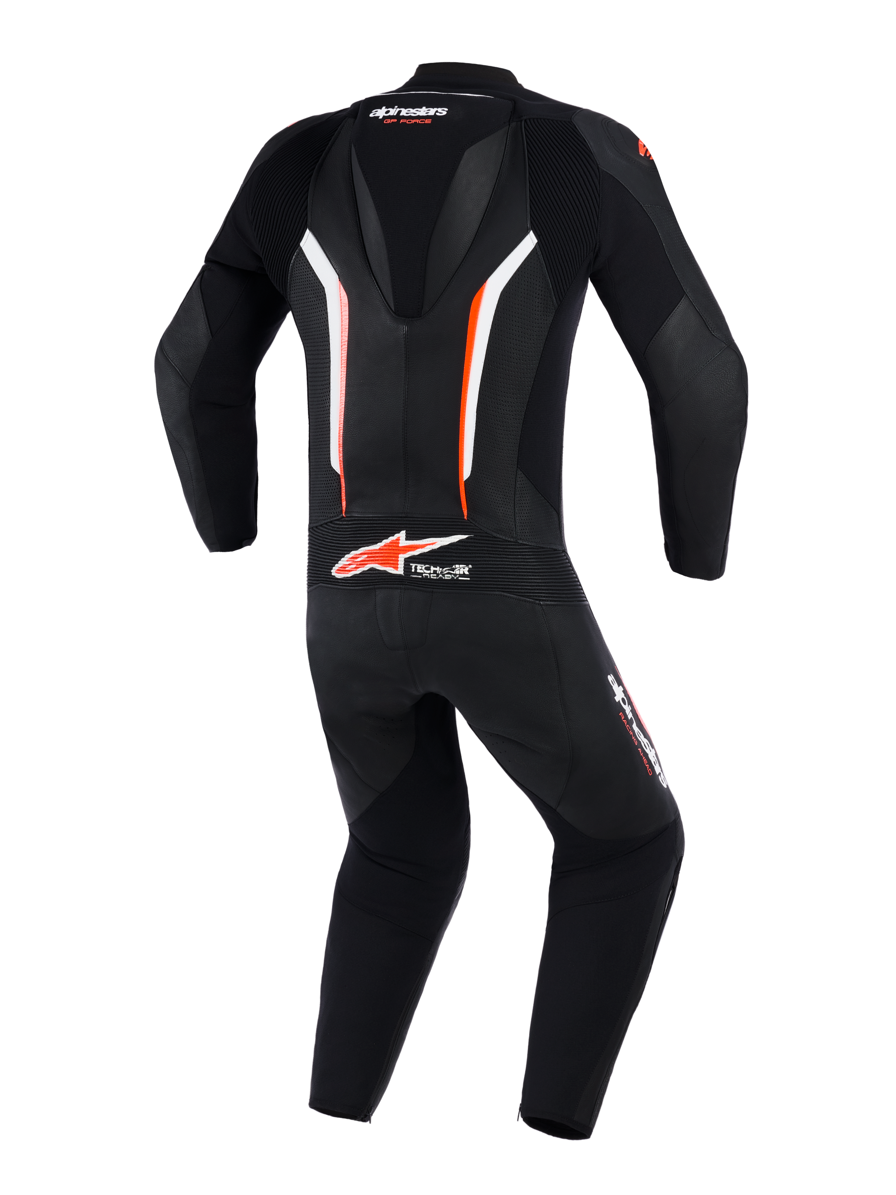 Alpinestars GP Force V2 Leather Suit 1-Piece, widok z tyłu, kolor czarno-biało-czerwony fluo, posiada aerodynamiczny garb, perforowane panele skórzane dla wentylacji oraz logo Tech-Air Ready w dolnej części pleców, profesjonalna odzież wyścigowa motocyklowa