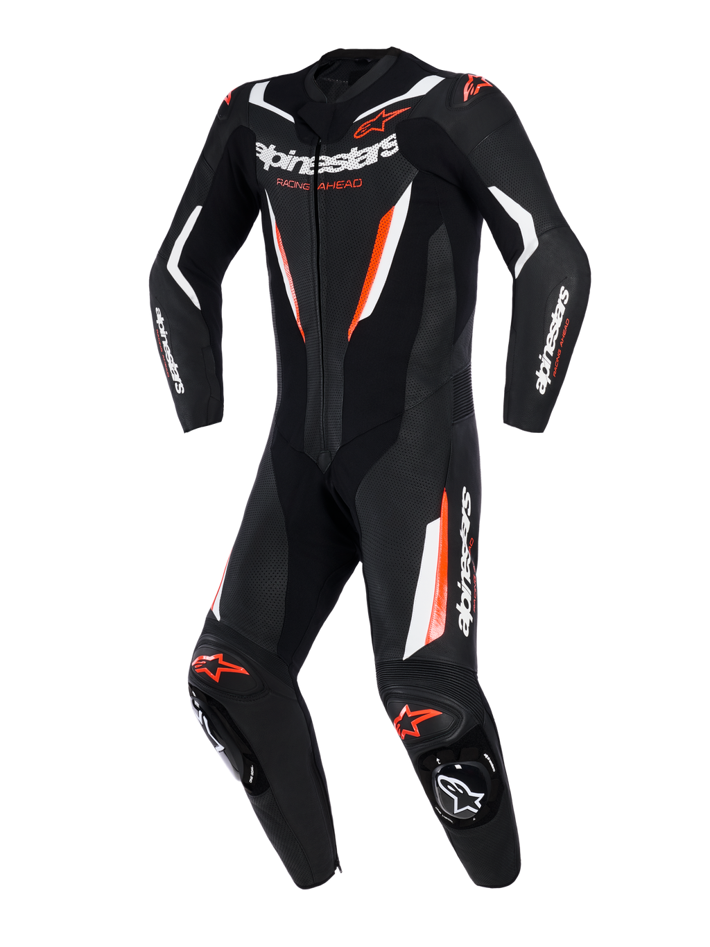 Alpinestars GP Force V2 Leather Suit, jednoczęściowy kombinezon wyścigowy, czarny z białymi i fluorescencyjnymi czerwonymi akcentami, perforowane panele skórzane, logo Alpinestars na klatce piersiowej i rękawach, profesjonalny design gotowy na tor.