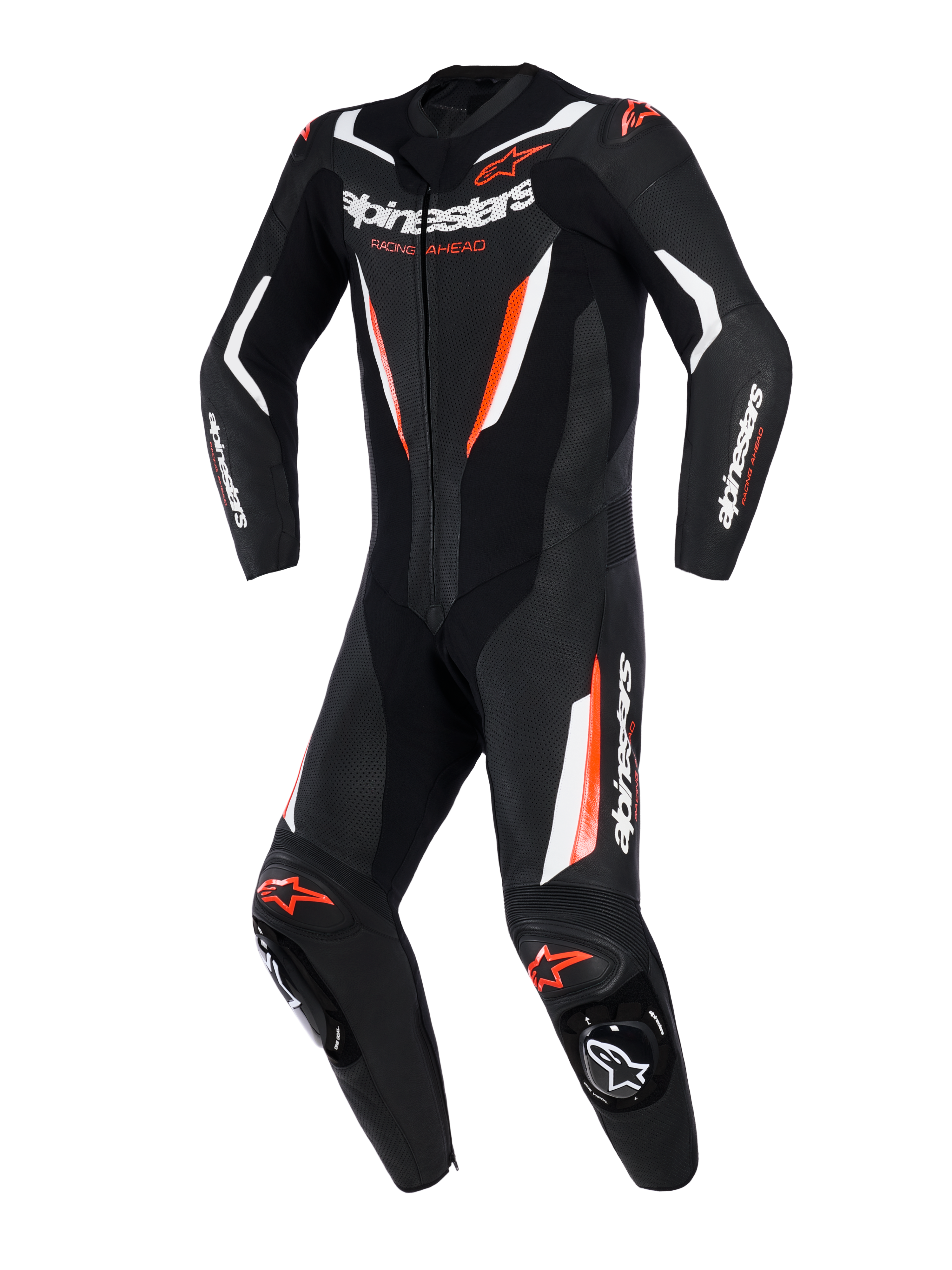 Alpinestars GP Force V2 Leather Suit, jednoczęściowy kombinezon wyścigowy, czarny z białymi i fluorescencyjnymi czerwonymi akcentami, perforowane panele skórzane, logo Alpinestars na klatce piersiowej i rękawach, profesjonalny design gotowy na tor.