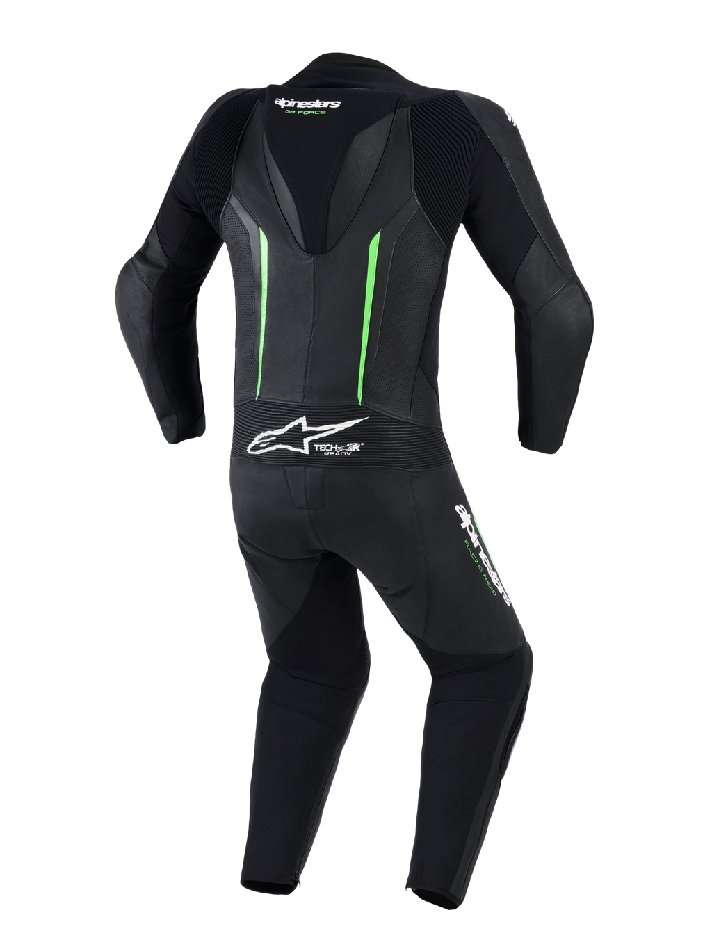 Alpinestars GP Force V2 Leather Suit - 1Piece, widok z tyłu, czarny z fluorescencyjnymi zielonymi akcentami, wyposażony w aerodynamiczny garb, perforowane panele skórzane, harmonijkowe strefy elastyczne oraz branding Tech-Air Ready, profesjonalna odzież motocyklowa wyścigowa
