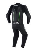 Alpinestars GP Force V2 Leather Suit - 1Piece, widok z tyłu, czarny z fluorescencyjnymi zielonymi akcentami, wyposażony w aerodynamiczny garb, perforowane panele skórzane, harmonijkowe strefy elastyczne oraz branding Tech-Air Ready, profesjonalna odzież motocyklowa wyścigowa
