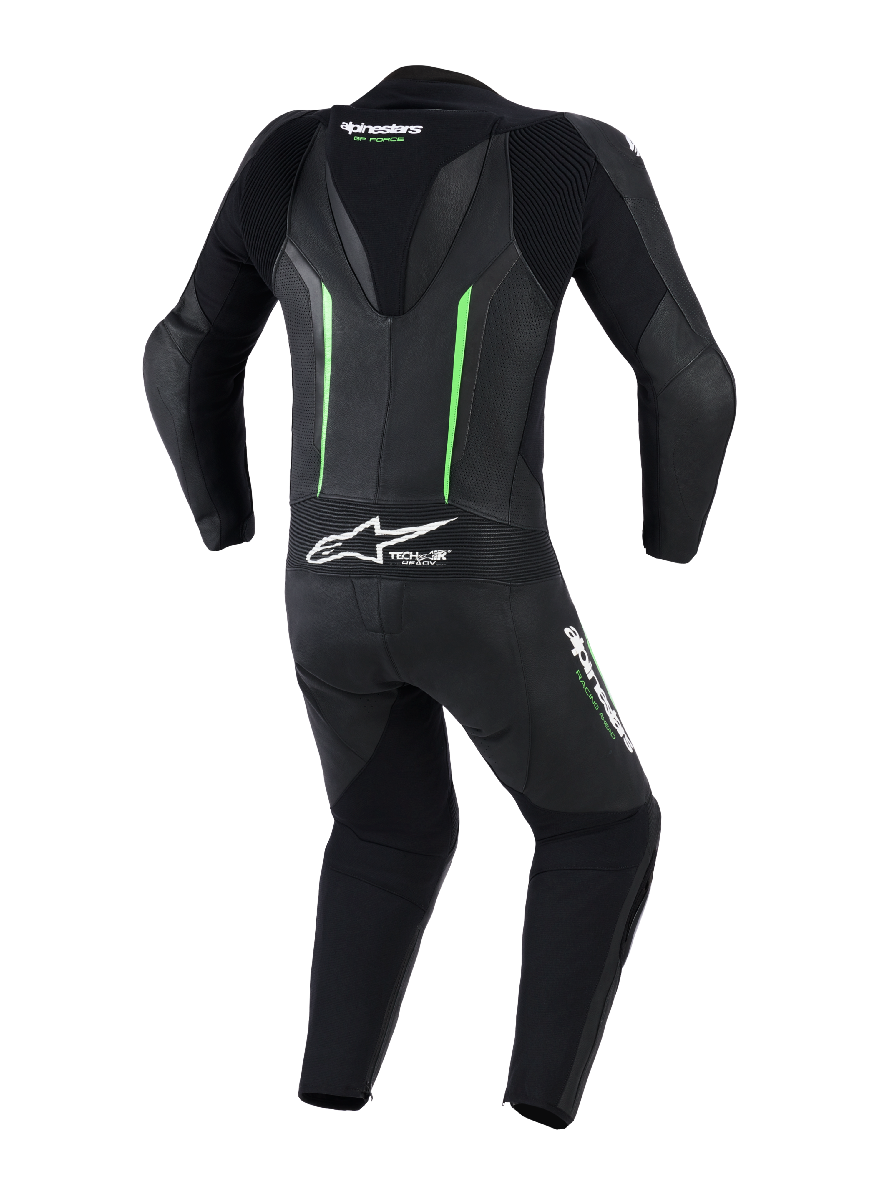 Alpinestars GP Force V2 Leather Suit - 1Piece, widok z tyłu, czarny z fluorescencyjnymi zielonymi akcentami, wyposażony w aerodynamiczny garb, perforowane panele skórzane, harmonijkowe strefy elastyczne oraz branding Tech-Air Ready, profesjonalna odzież motocyklowa wyścigowa