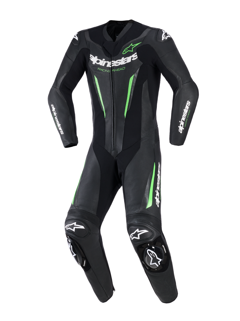 Alpinestars GP Force V2 Leather Suit - 1Piece, jednoczęściowy motocyklowy kombinezon wyścigowy, czarny z neonowymi zielonymi akcentami i białym logo, perforowane panele skórzane, zewnętrzne slidery DFS Lite na ramionach i kolanach, sportowy krój
