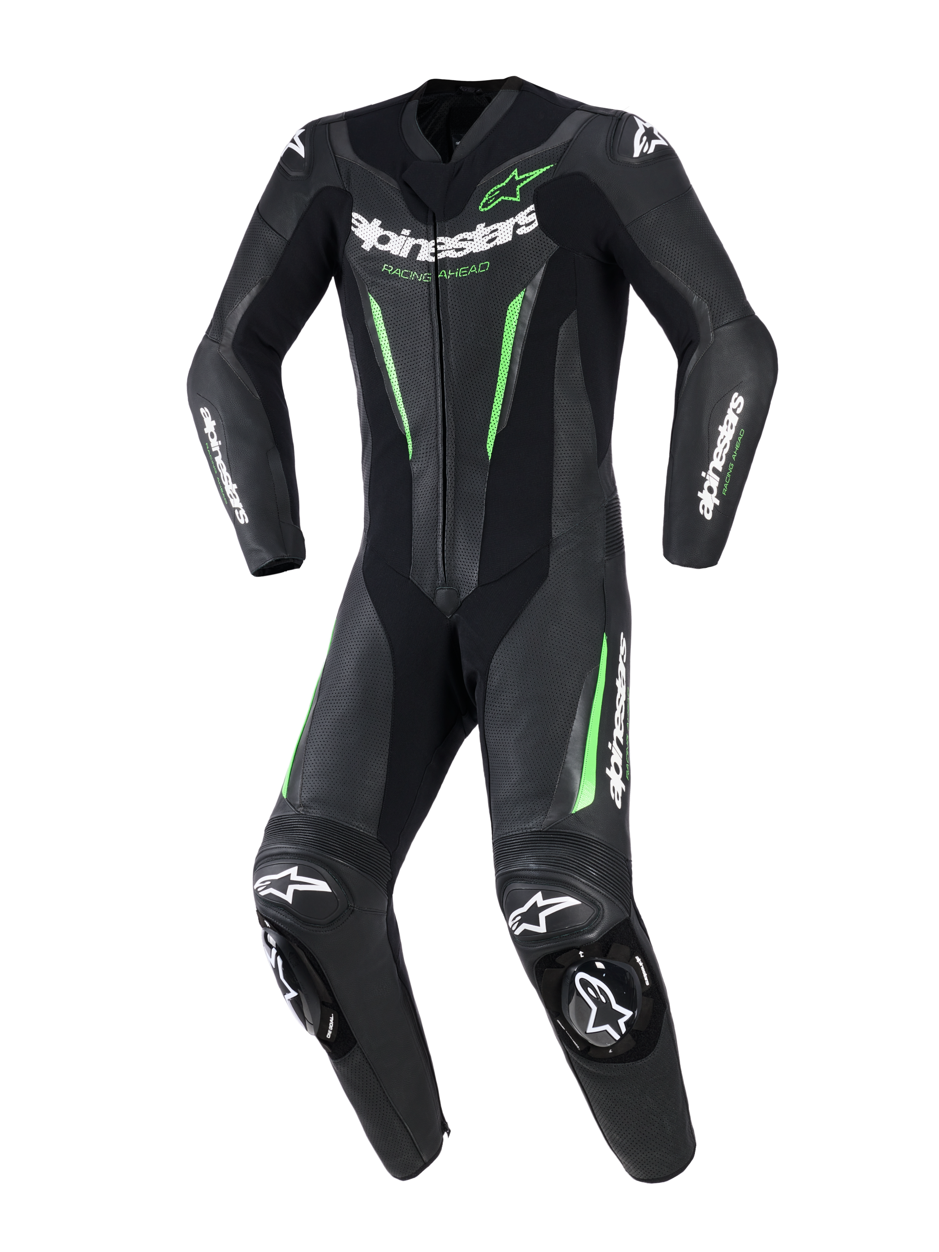 Alpinestars GP Force V2 Leather Suit - 1Piece, jednoczęściowy motocyklowy kombinezon wyścigowy, czarny z neonowymi zielonymi akcentami i białym logo, perforowane panele skórzane, zewnętrzne slidery DFS Lite na ramionach i kolanach, sportowy krój