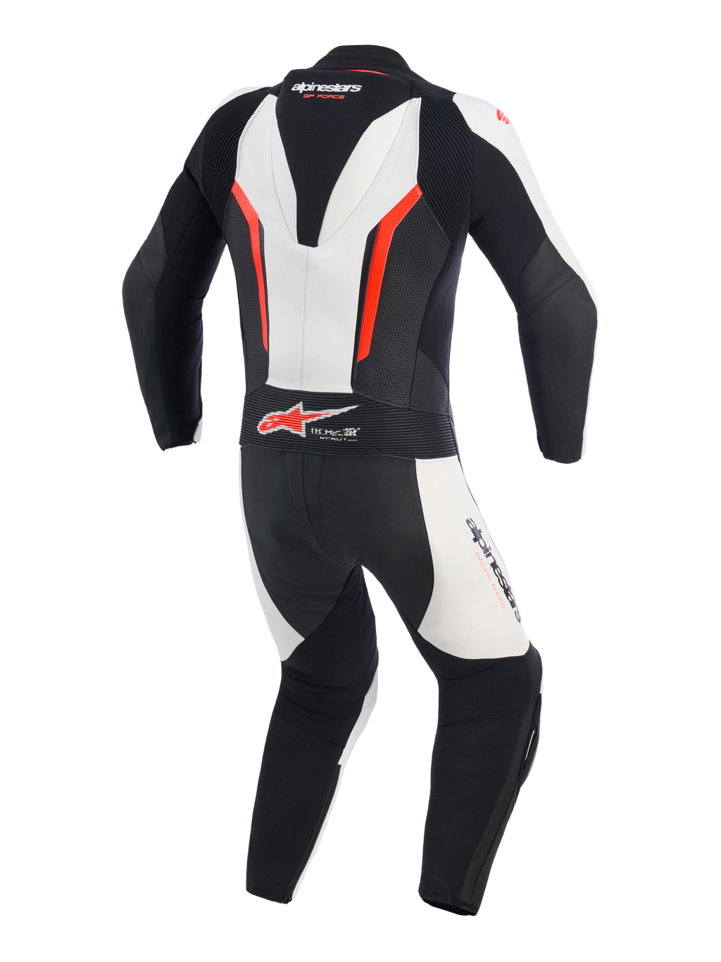 Alpinestars GP Force V2 Leather Suit - 1Piece, biało-czarno-czerwony fluo, widok z tyłu przedstawiający aerodynamiczny garb, harmonijkowe skórzane panele rozciągliwe na ramionach i w dolnej części pleców, perforowane strefy wentylacyjne i logo Tech-Air Ready, profesjonalny kombinezon wyścigowy do jazdy na torze