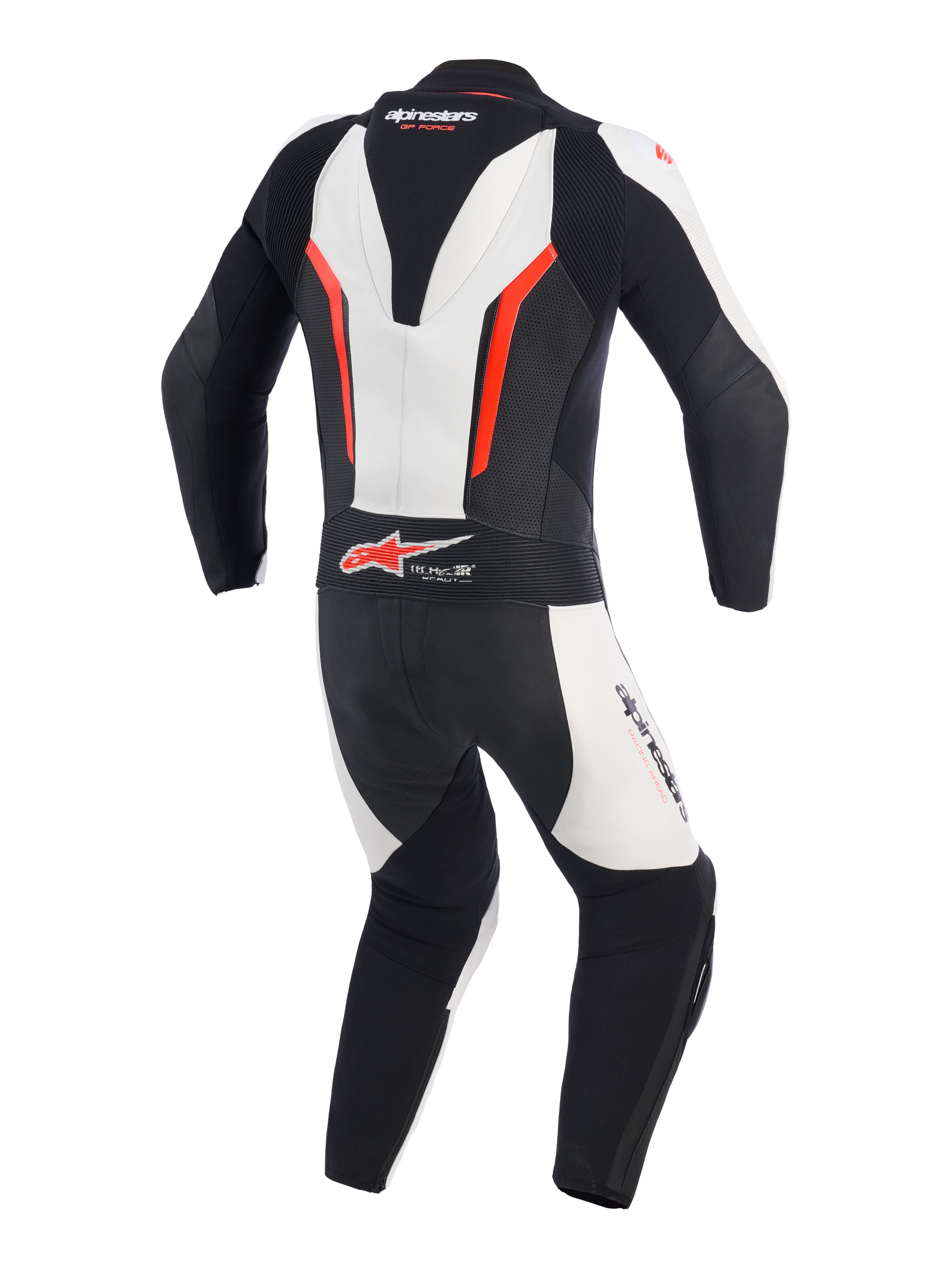 Alpinestars GP Force V2 Leather Suit - 1Piece, biało-czarno-czerwony fluo, widok z tyłu przedstawiający aerodynamiczny garb, harmonijkowe skórzane panele rozciągliwe na ramionach i w dolnej części pleców, perforowane strefy wentylacyjne i logo Tech-Air Ready, profesjonalny kombinezon wyścigowy do jazdy na torze
