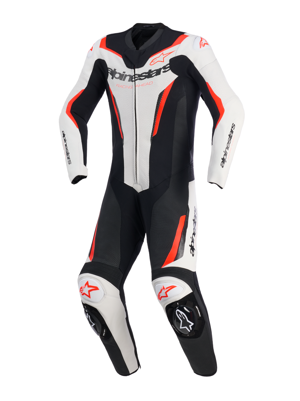 Alpinestars GP Force V2 Leather Suit - 1Piece, jednoczęściowy kombinezon motocyklowy, biały, czarny i czerwony fluo, widok z przodu, perforowane panele skórzane, logo Alpinestars na klatce piersiowej i ramionach, zintegrowane slidery kolan