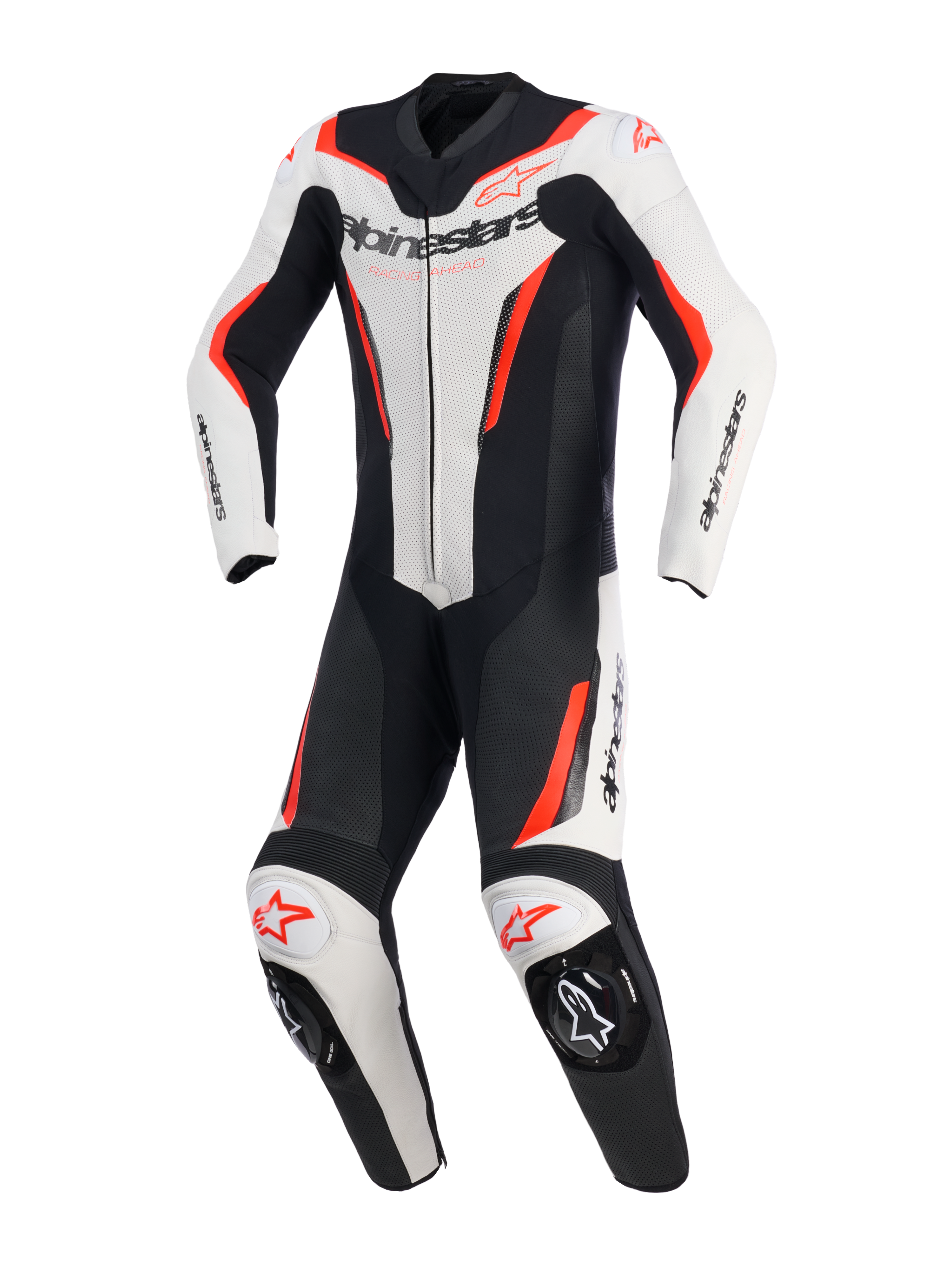 Alpinestars GP Force V2 Leather Suit - 1Piece, jednoczęściowy kombinezon motocyklowy, biały, czarny i czerwony fluo, widok z przodu, perforowane panele skórzane, logo Alpinestars na klatce piersiowej i ramionach, zintegrowane slidery kolan