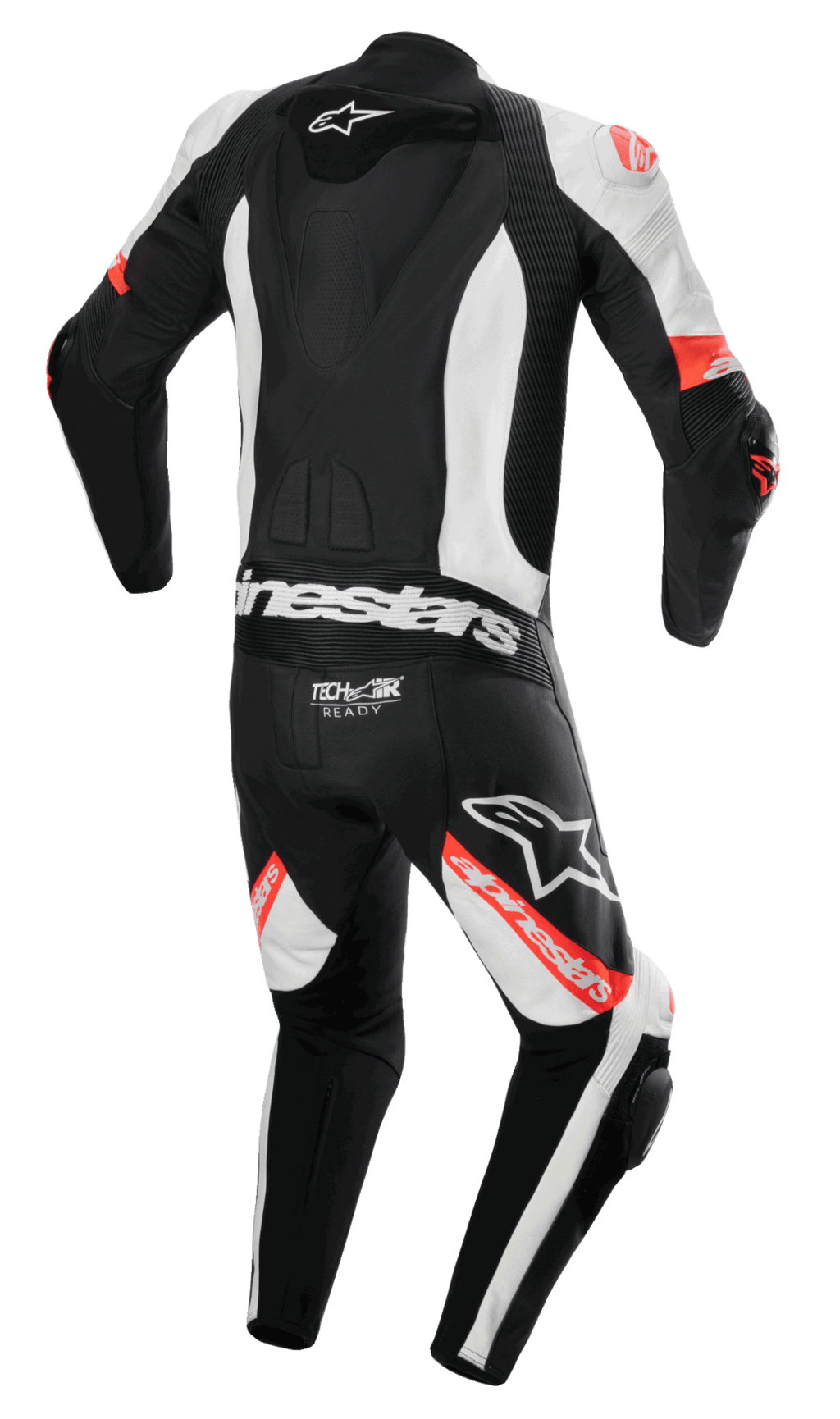 Alpinestars Missile V2 Ward 1-Piece Leather Suit, jednoczęściowy kombinezon motocyklowy, czarno-biało-czerwony fluo, widok z tyłu z aerodynamicznym garbem, logo Tech-Air Ready na dole pleców, elastyczne panele akordeonowe i wyraźne logo Alpinestars na nogawkach i plecach