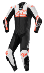 Alpinestars Missile V2 Ward, jednoczęściowy kombinezon skórzany, motocyklowy kombinezon wyścigowy, czarny z białymi i czerwonymi akcentami fluo, aerodynamiczny design z suwakiem z przodu i sliderami na kolanach, wykonany z najwyższej jakości skóry