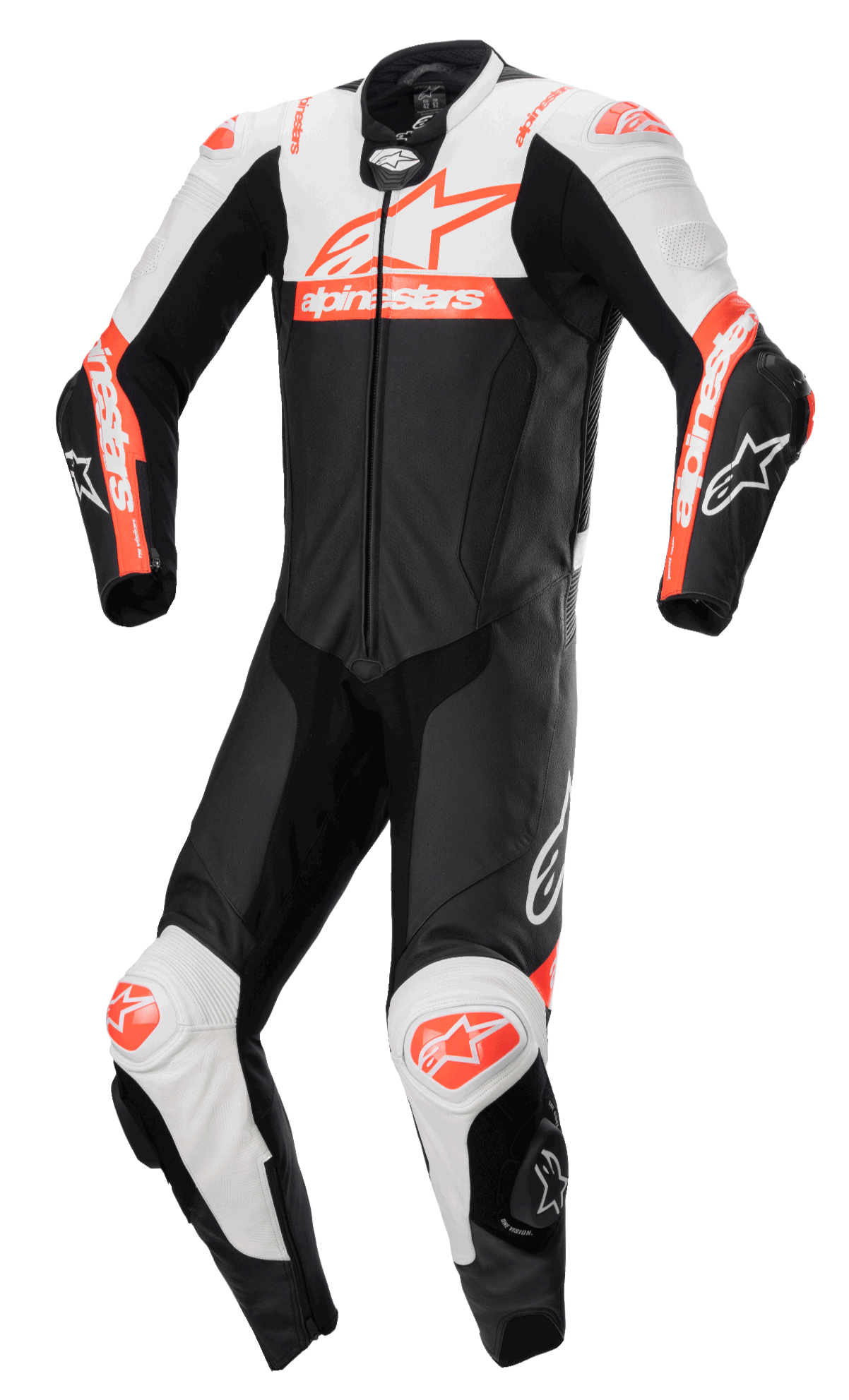 Alpinestars Missile V2 Ward, jednoczęściowy kombinezon skórzany, motocyklowy kombinezon wyścigowy, czarny z białymi i czerwonymi akcentami fluo, aerodynamiczny design z suwakiem z przodu i sliderami na kolanach, wykonany z najwyższej jakości skóry
